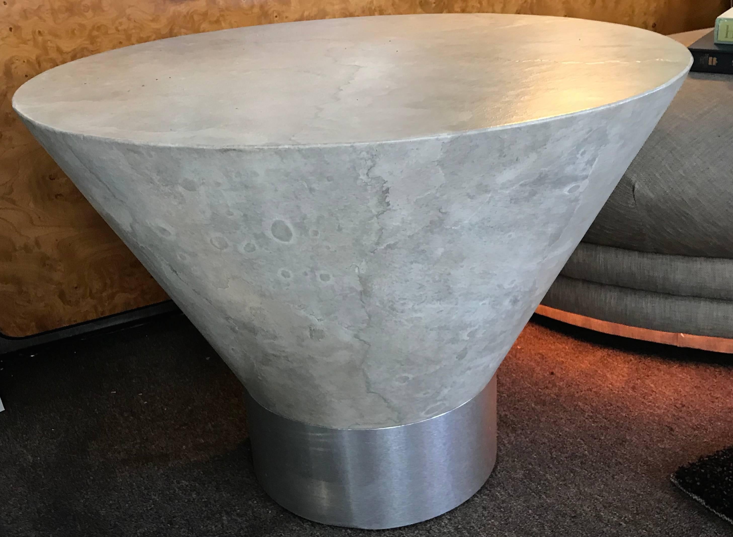 Steve Chase Faux Plaster and Brushed Metal Modernist Side Table In Good Condition For Sale In Palm Springs, CA