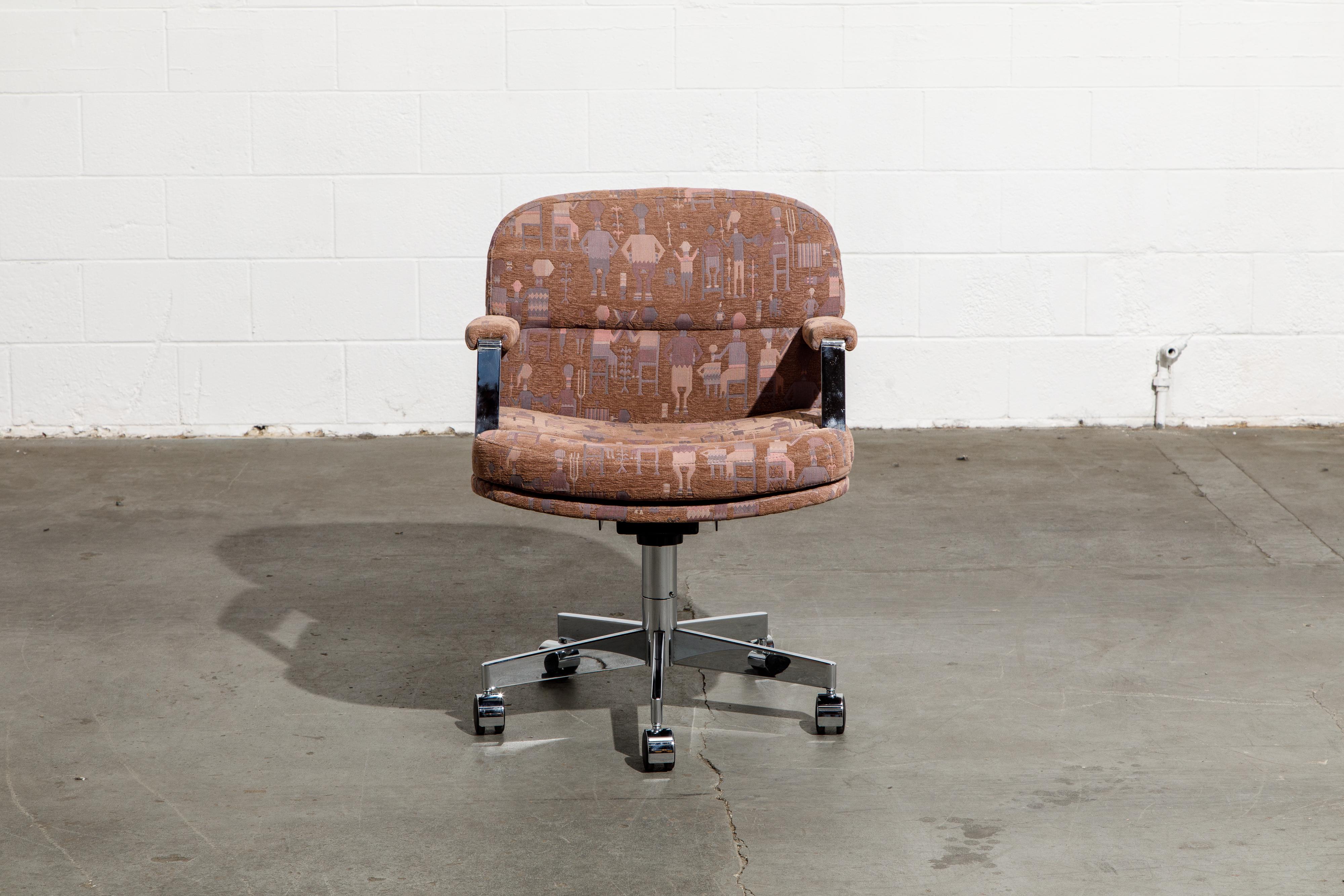 This unique office chair with height adjustment was designed by Steve Chase in which he personally selected a charming Jack Lenor Larsen fabric named 