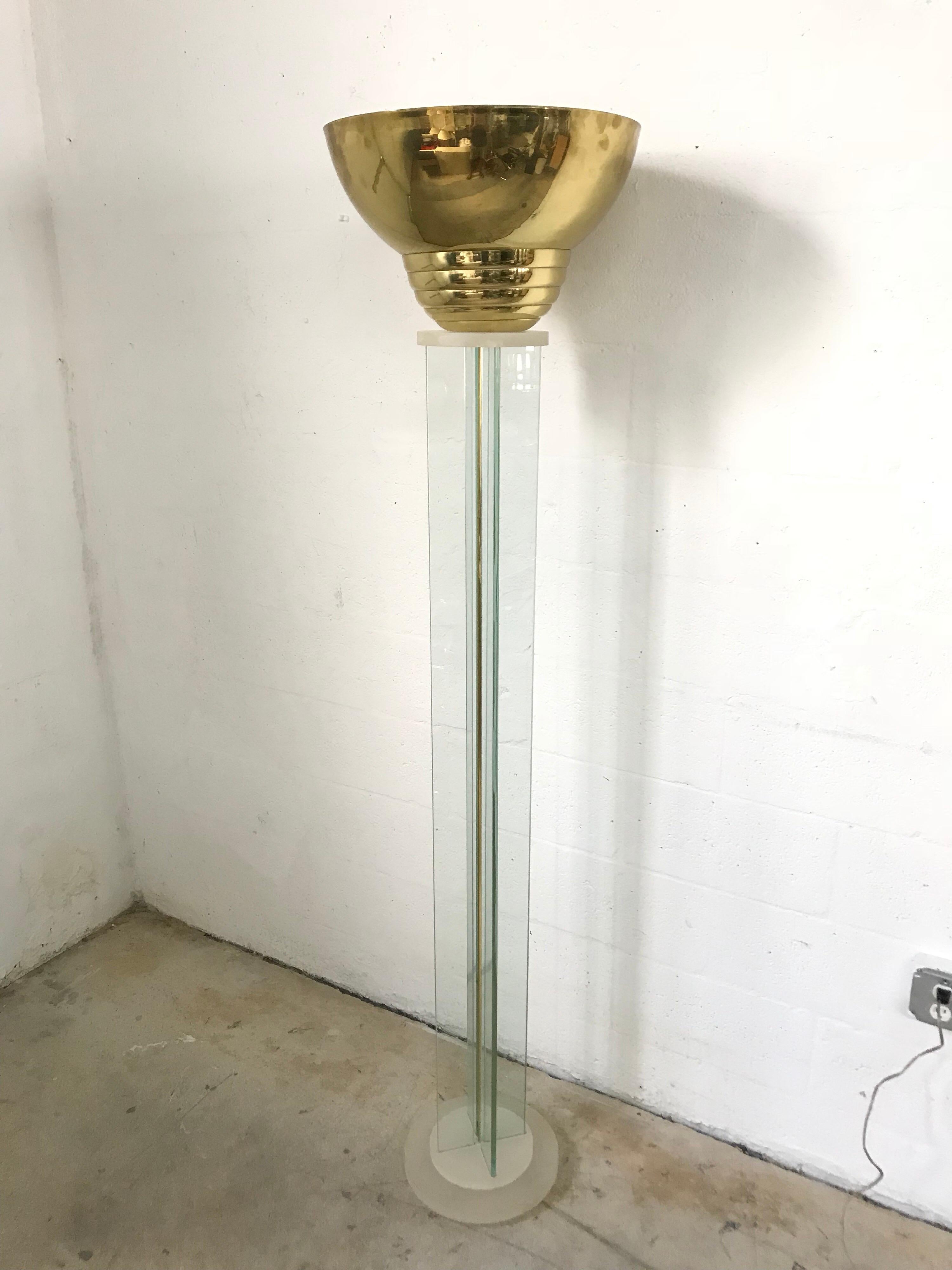 Lucite, glass and brass floor lamp designed by Steve Chase.
