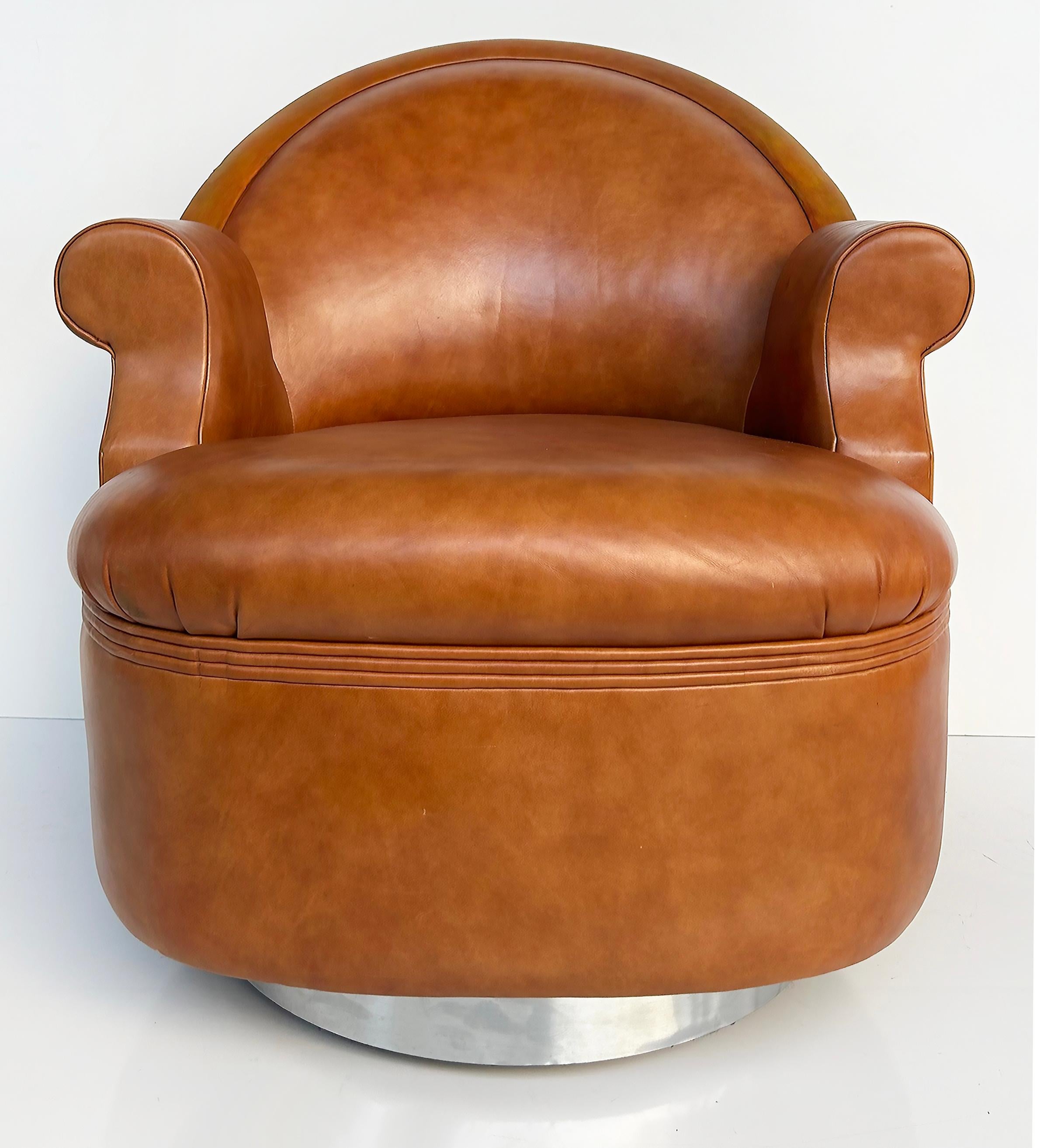 Modern  Steve Chase Martin Brattrud Chrome Leather Swivel Chairs on Casters- A Pair For Sale