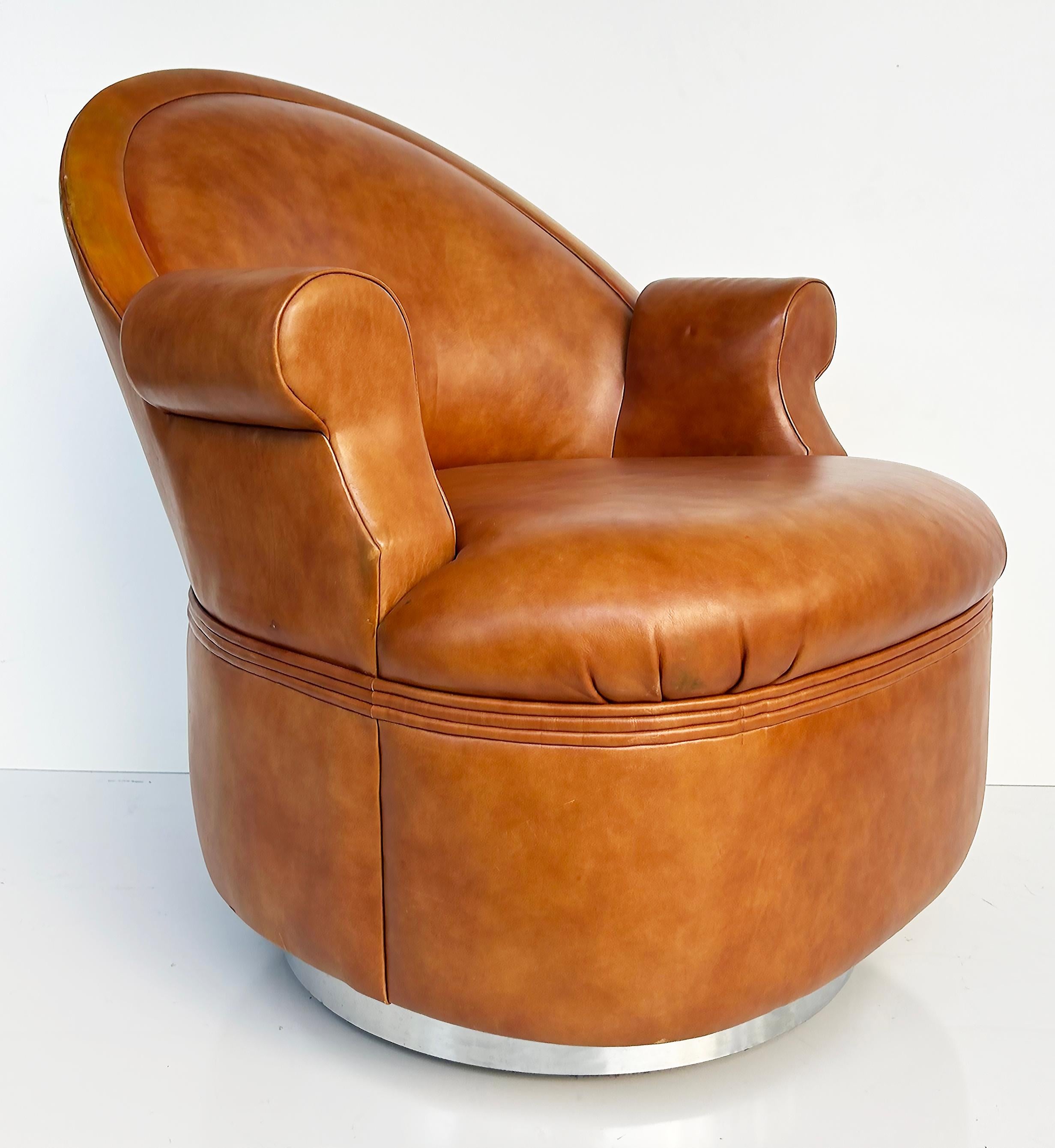 American  Steve Chase Martin Brattrud Chrome Leather Swivel Chairs on Casters- A Pair For Sale