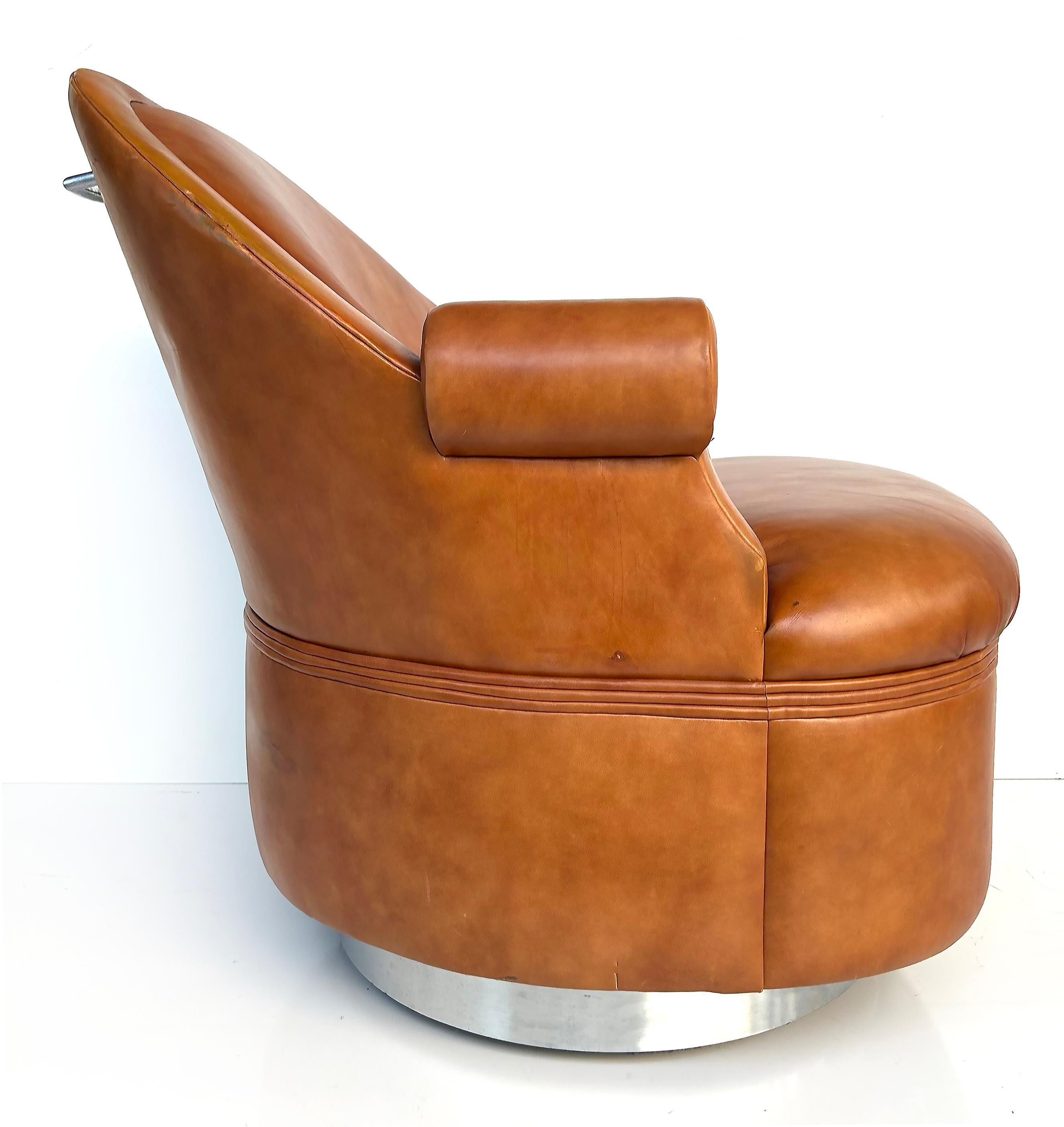  Steve Chase Martin Brattrud Chrome Leather Swivel Chairs on Casters- A Pair In Good Condition For Sale In Miami, FL