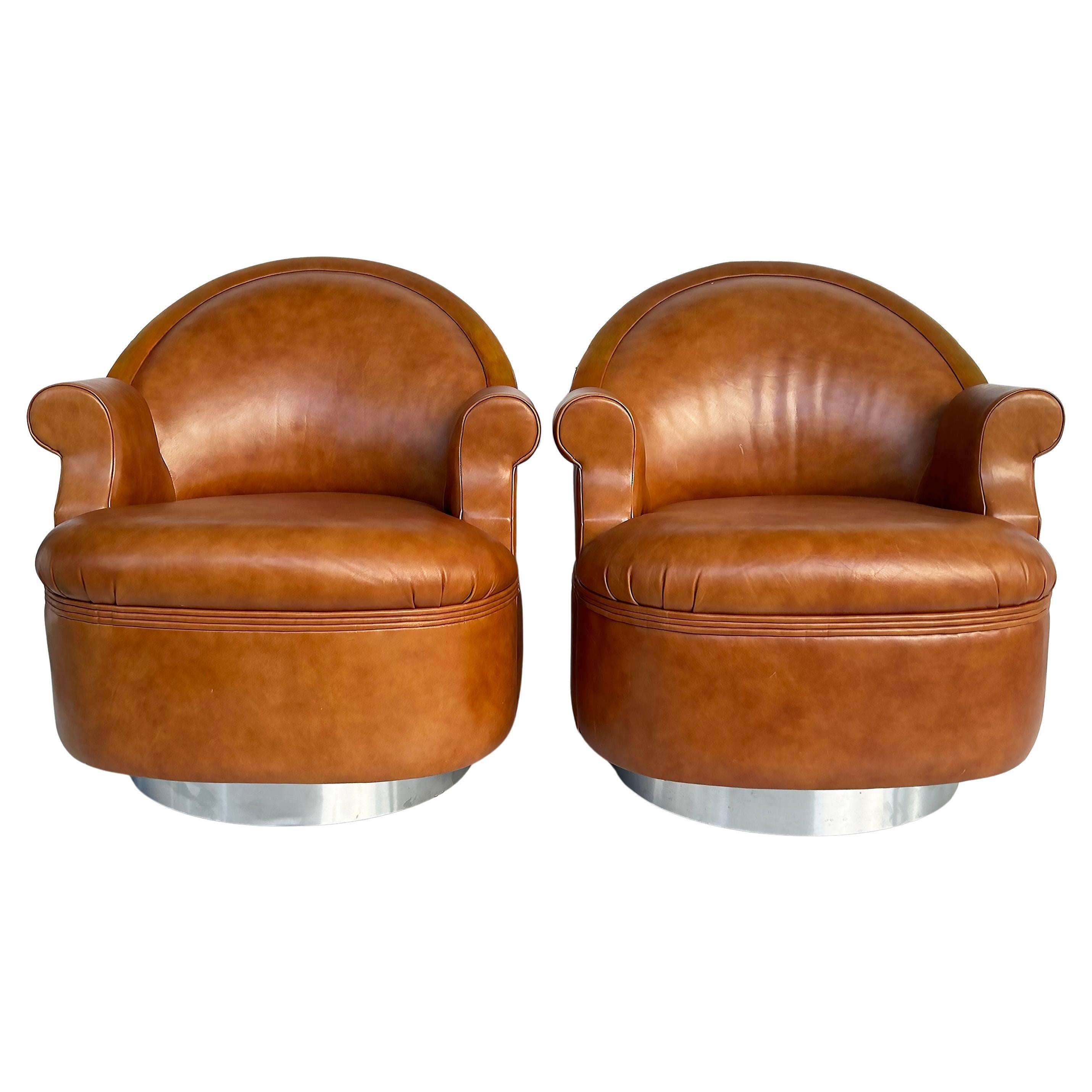  Steve Chase Martin Brattrud Chrome Leather Swivel Chairs on Casters- A Pair For Sale
