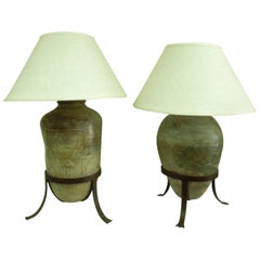 Steve Chase Original Large Antique Vessel Pair of Lamps With Stands