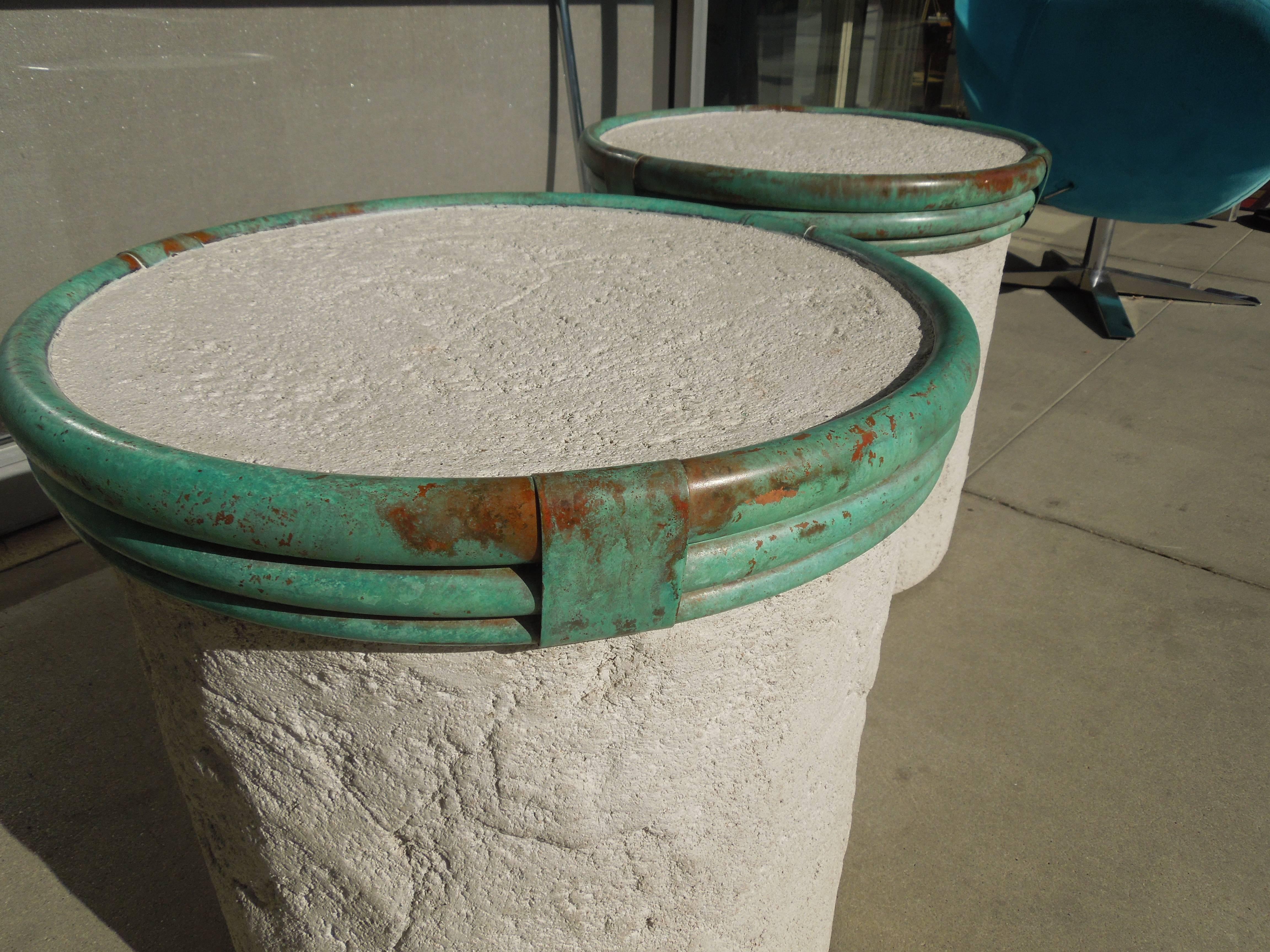 American Steve Chase Pair of Plaster and Verdigris Metal Cylinder Side Tables