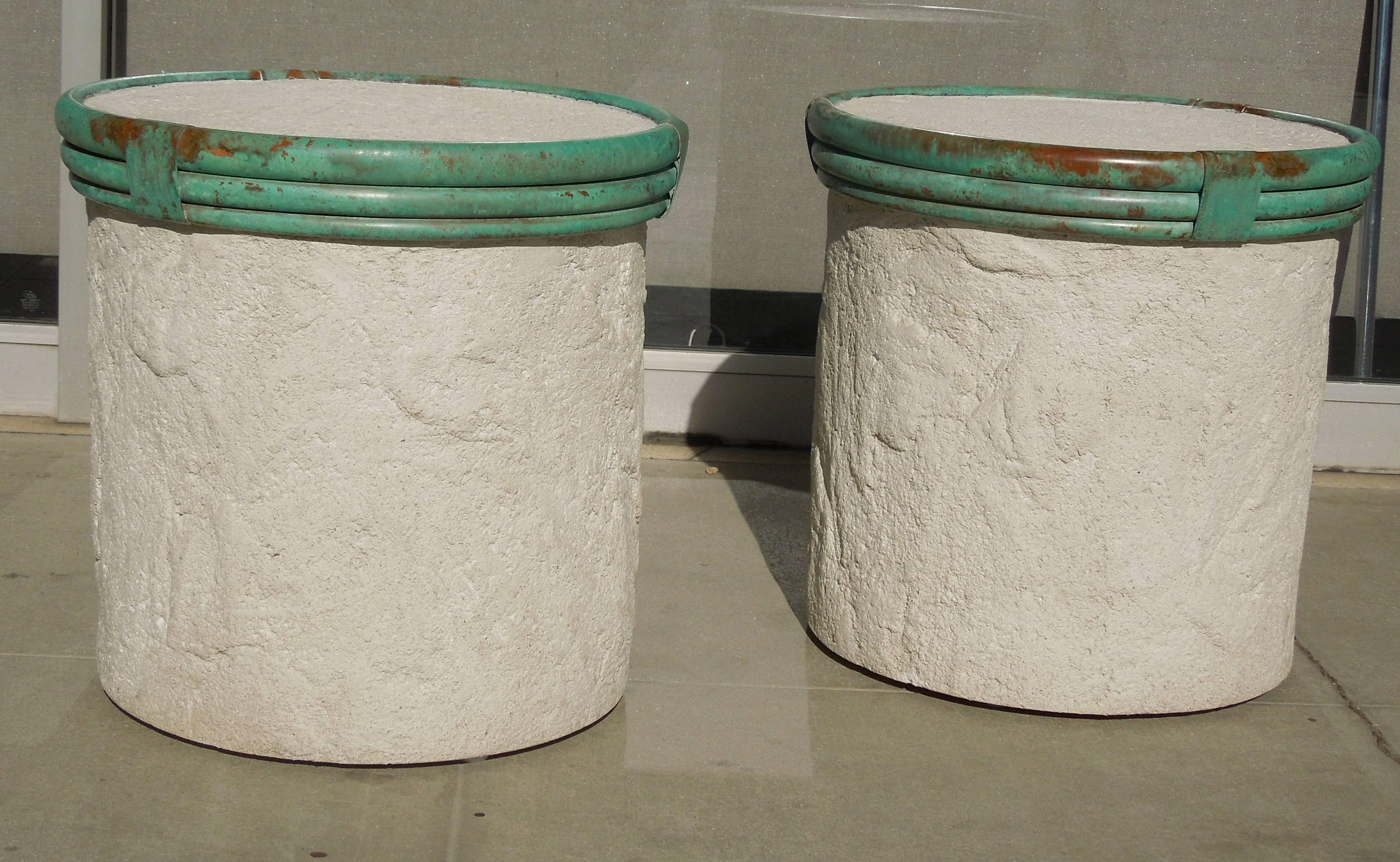 Hand-Crafted Steve Chase Pair of Plaster and Verdigris Metal Cylinder Side Tables