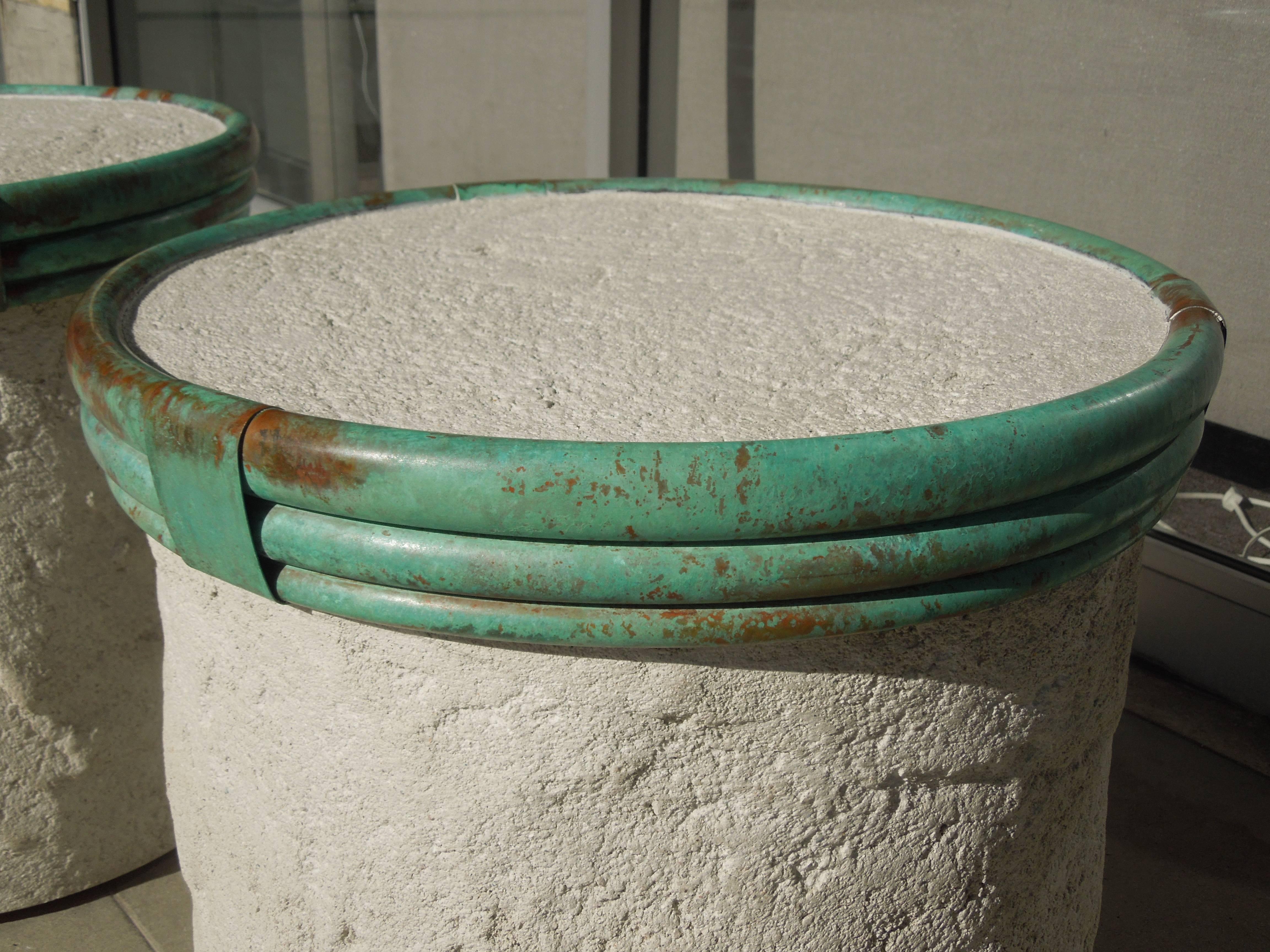 Steve Chase Pair of Plaster and Verdigris Metal Cylinder Side Tables In Good Condition In Palm Springs, CA