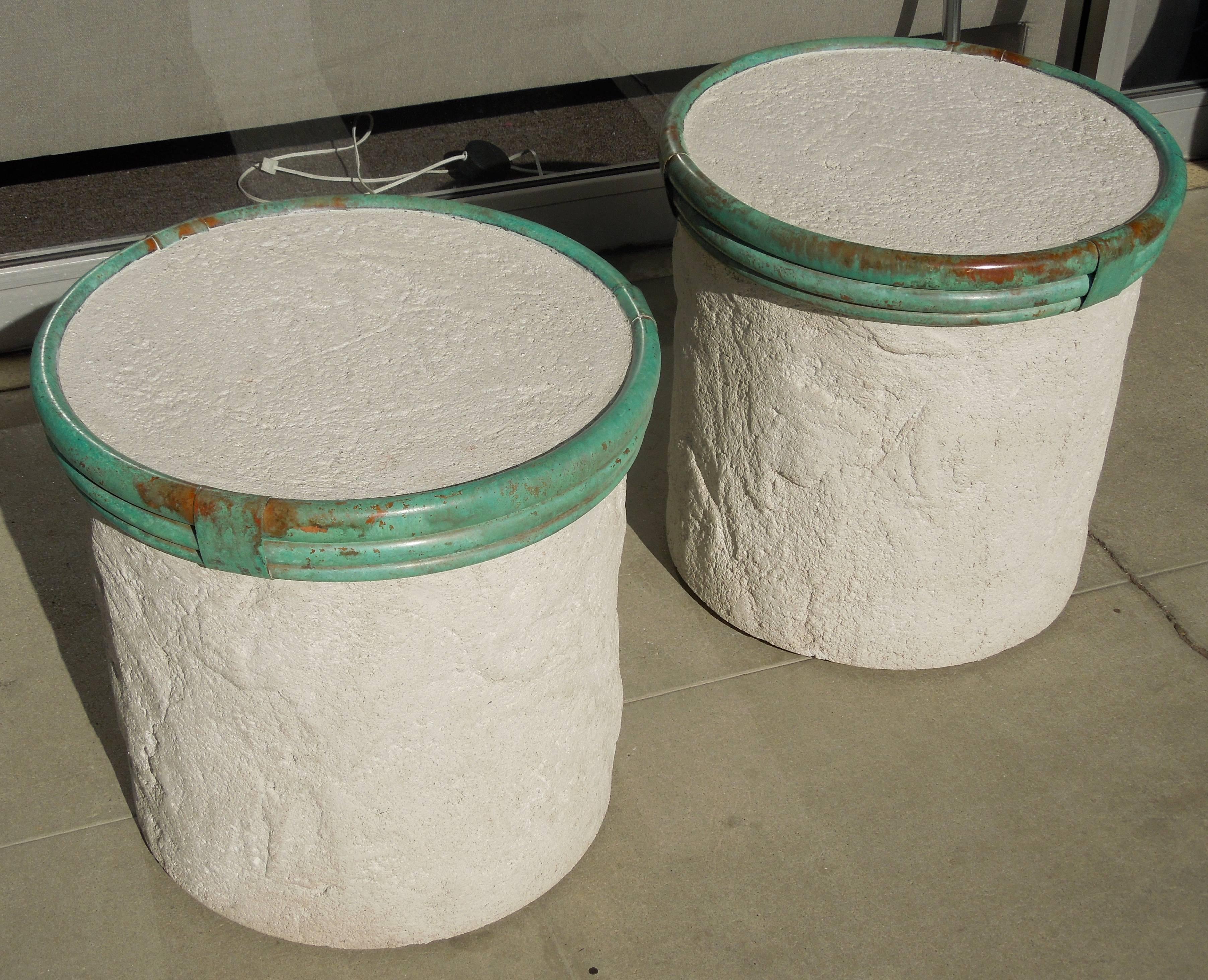 Late 20th Century Steve Chase Pair of Plaster and Verdigris Metal Cylinder Side Tables