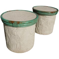 Steve Chase Pair of Plaster and Verdigris Metal Cylinder Side Tables