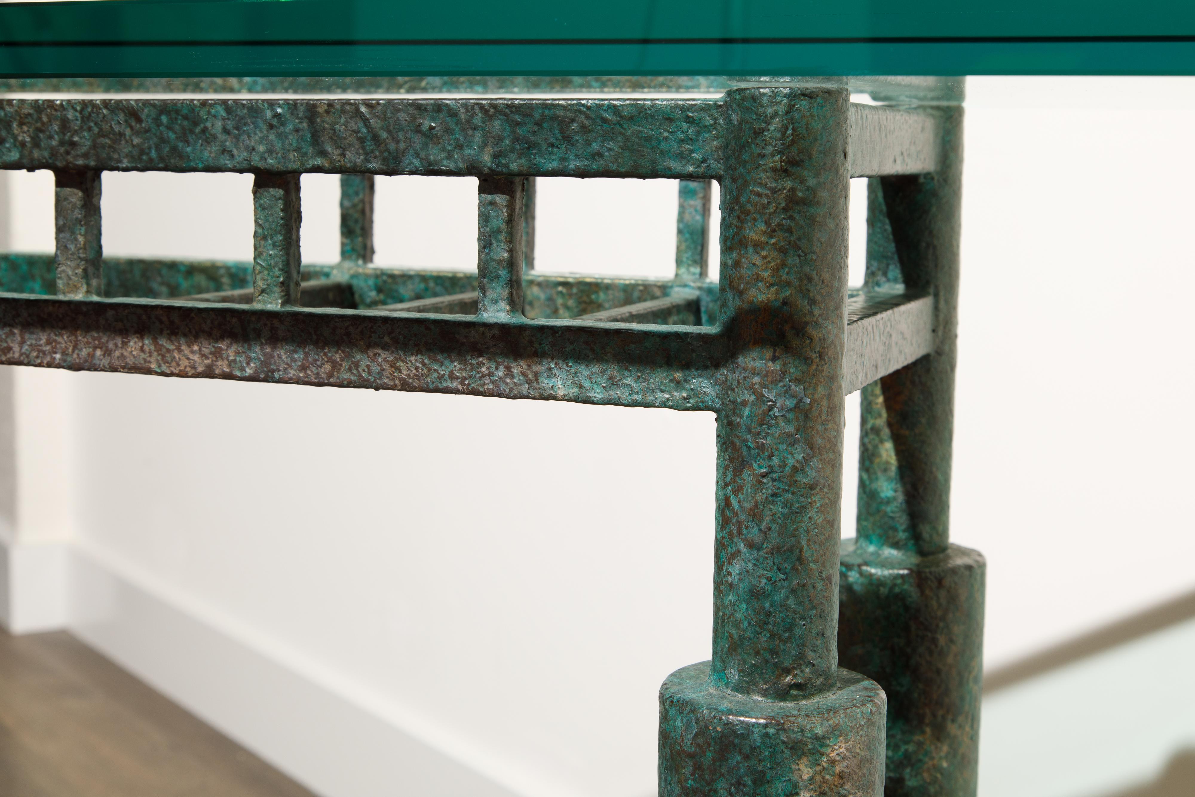 Steve Chase Post-Modern Brutalist Patinated Steel and Glass Console Table, 1980s 6