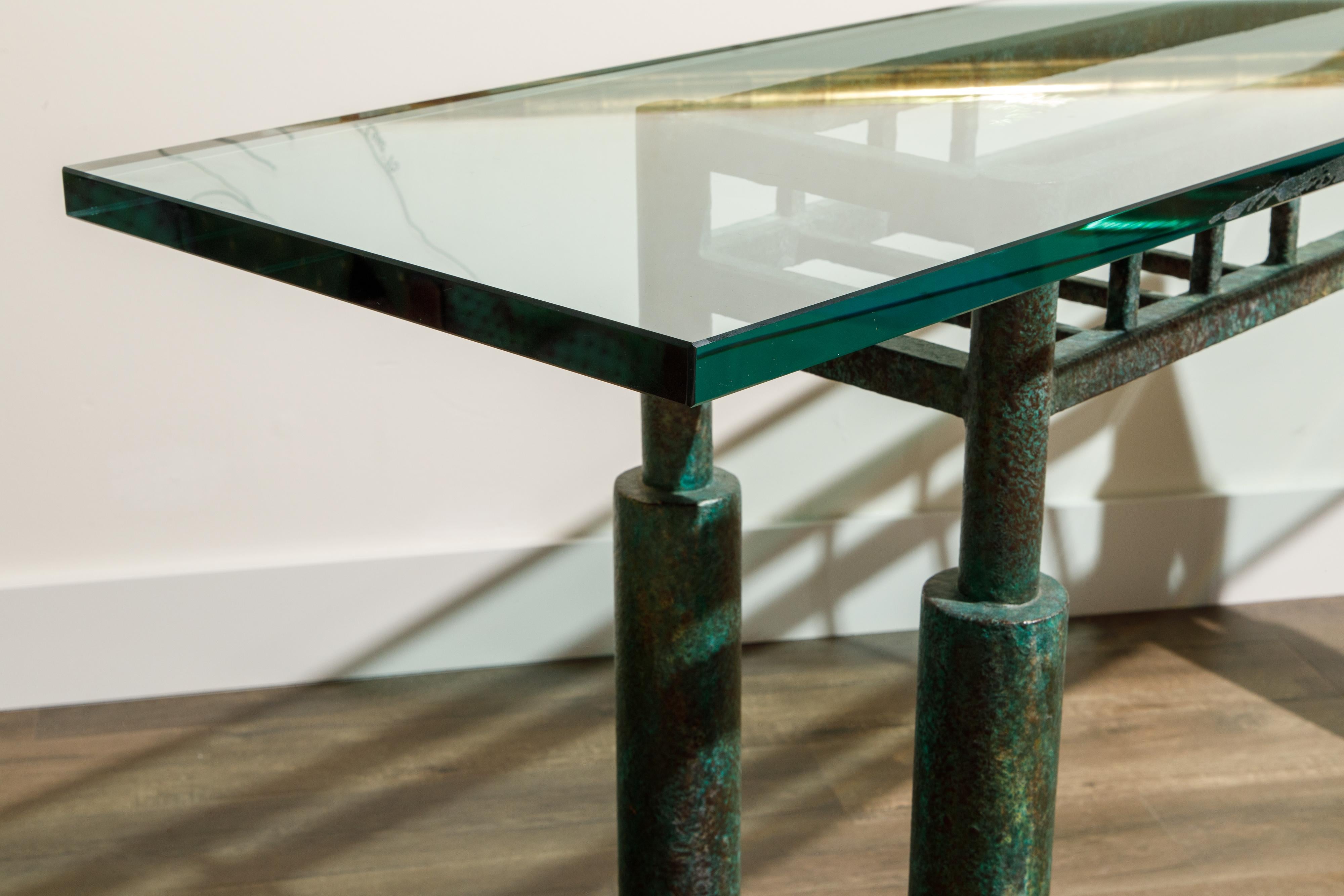 Steve Chase Post-Modern Brutalist Patinated Steel and Glass Console Table, 1980s 8