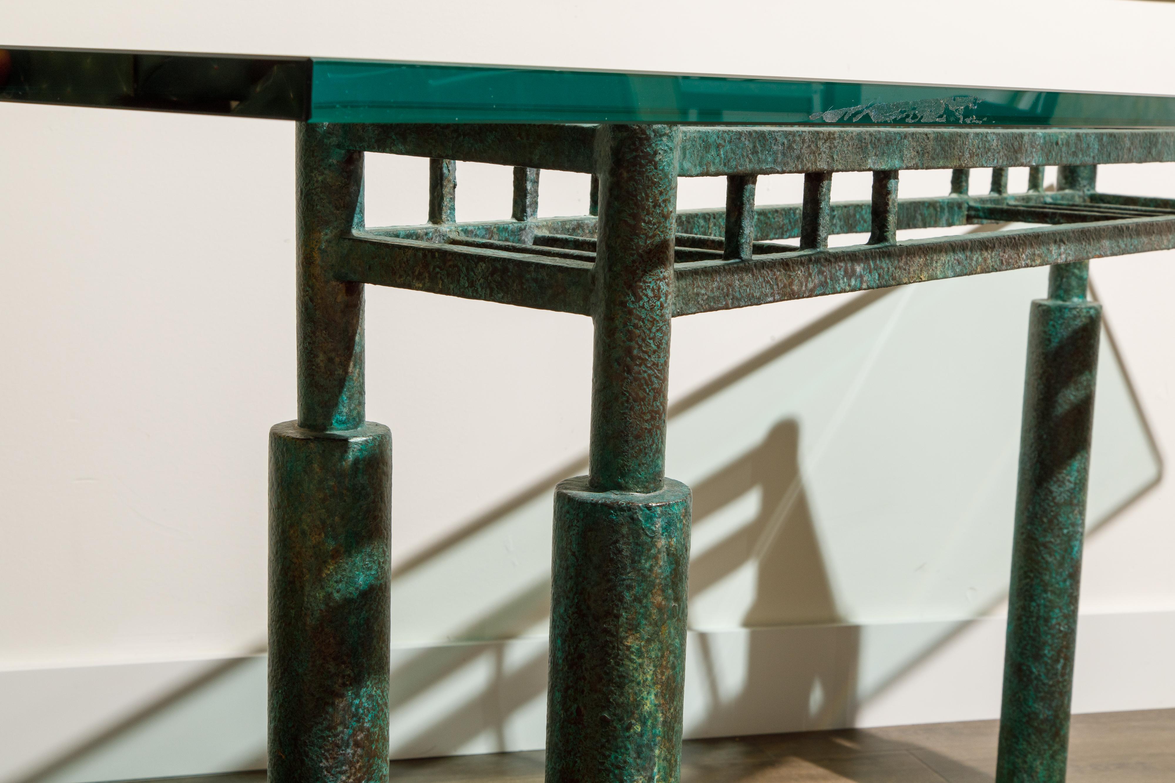 Steve Chase Post-Modern Brutalist Patinated Steel and Glass Console Table, 1980s 9