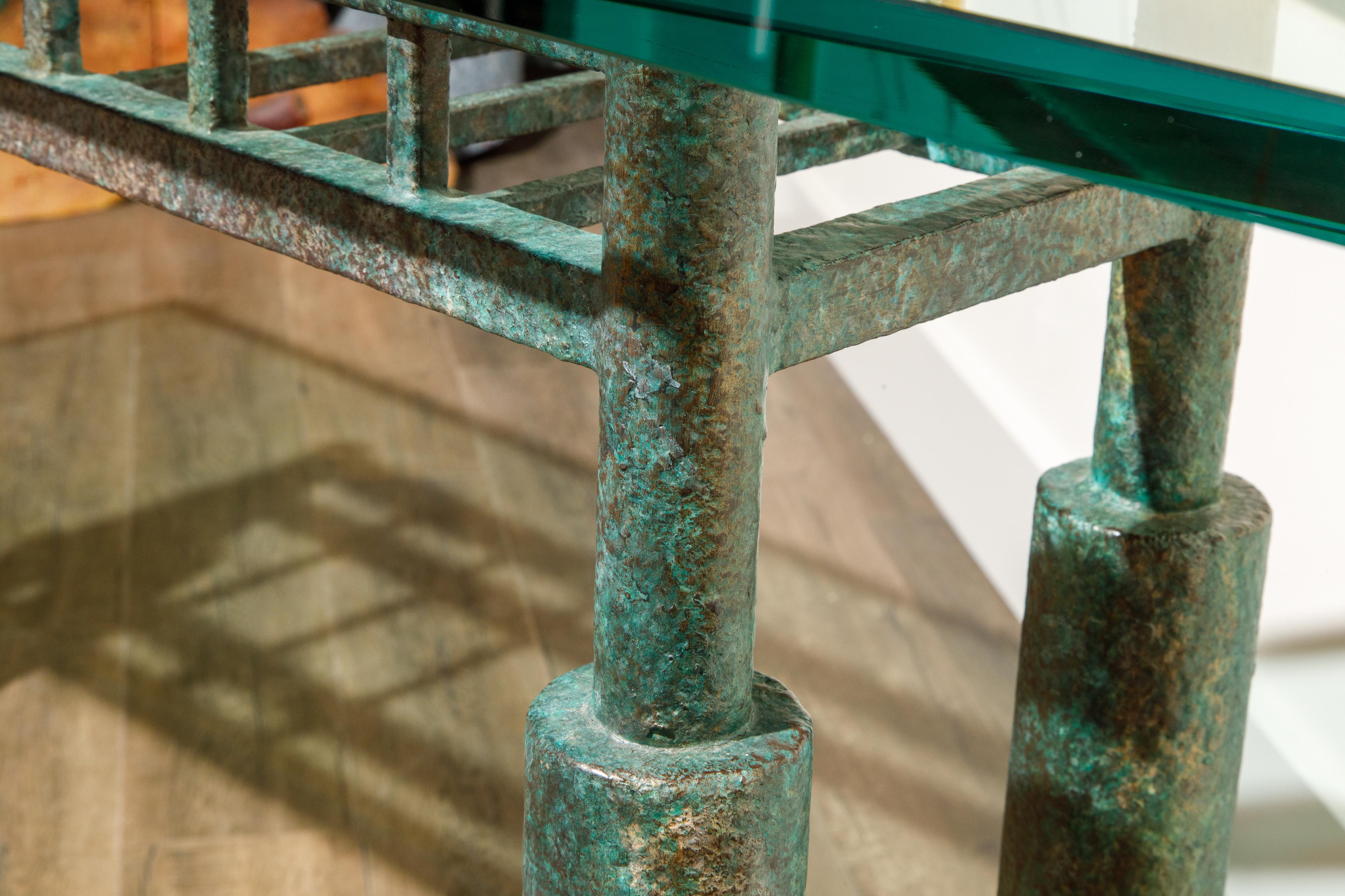 Steve Chase Post-Modern Brutalist Patinated Steel and Glass Console Table, 1980s 10