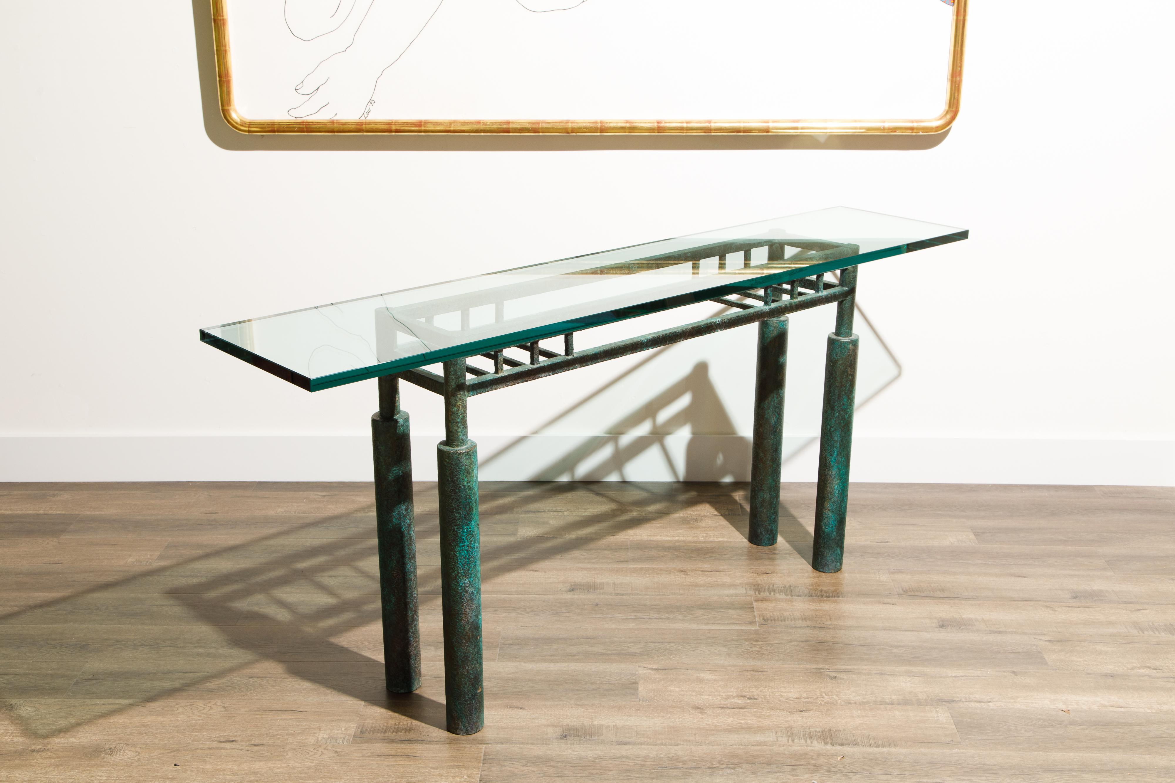 Steve Chase Post-Modern Brutalist Patinated Steel and Glass Console Table, 1980s In Good Condition In Los Angeles, CA