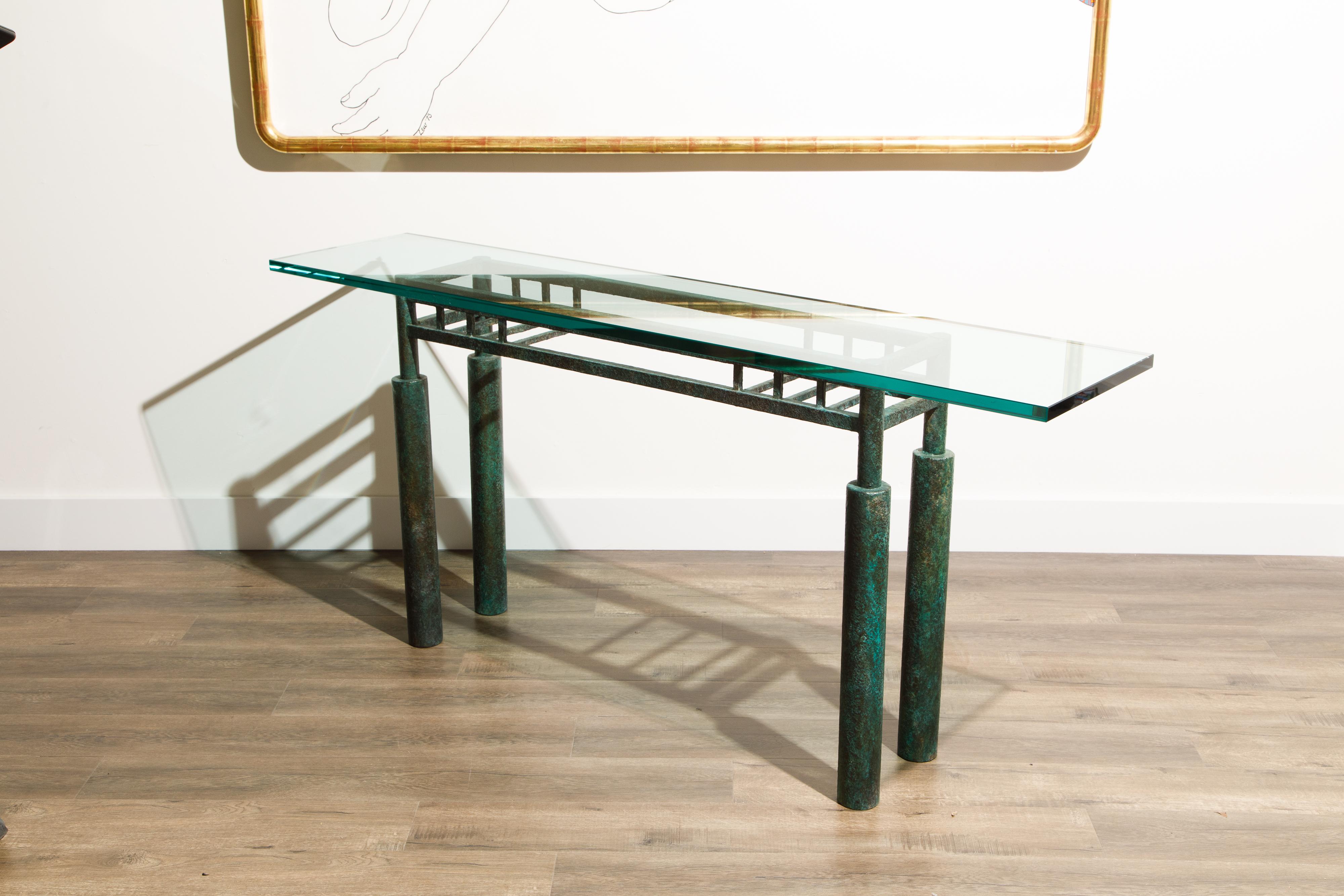 Late 20th Century Steve Chase Post-Modern Brutalist Patinated Steel and Glass Console Table, 1980s