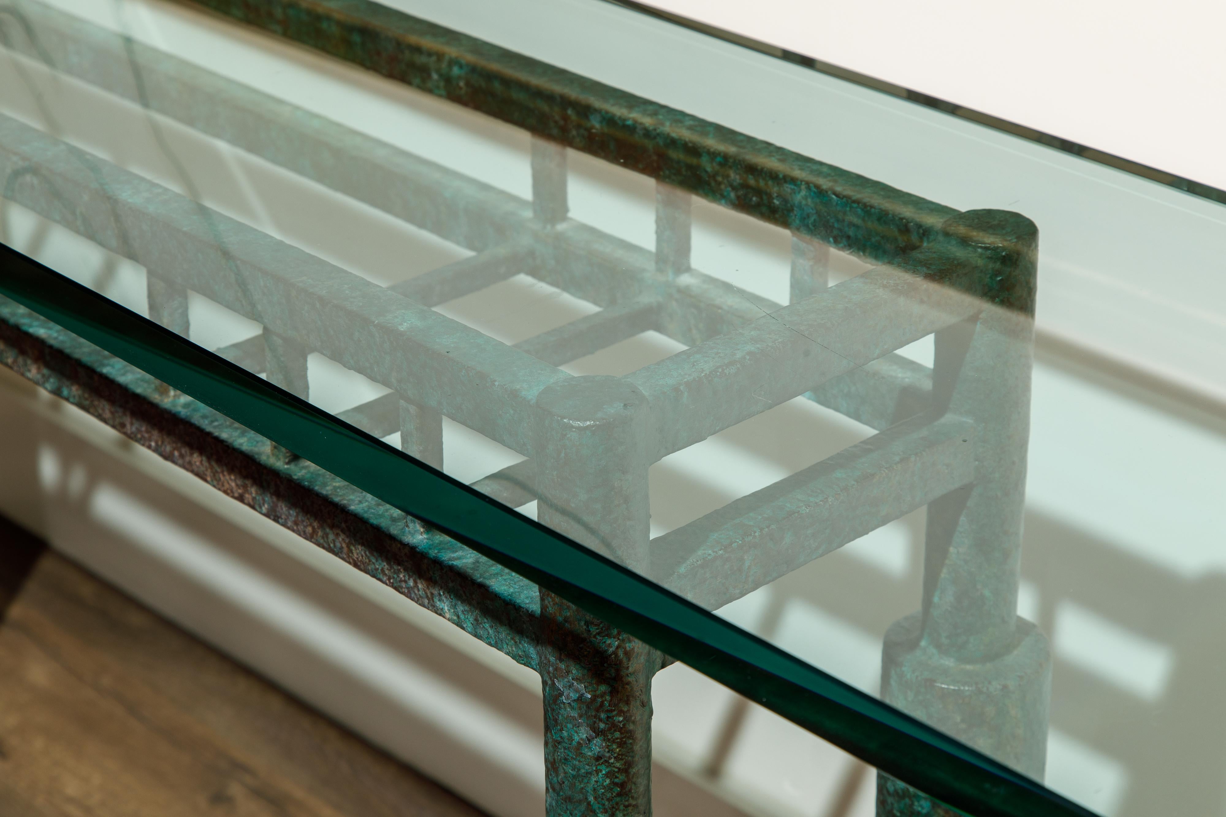 Steve Chase Post-Modern Brutalist Patinated Steel and Glass Console Table, 1980s 1
