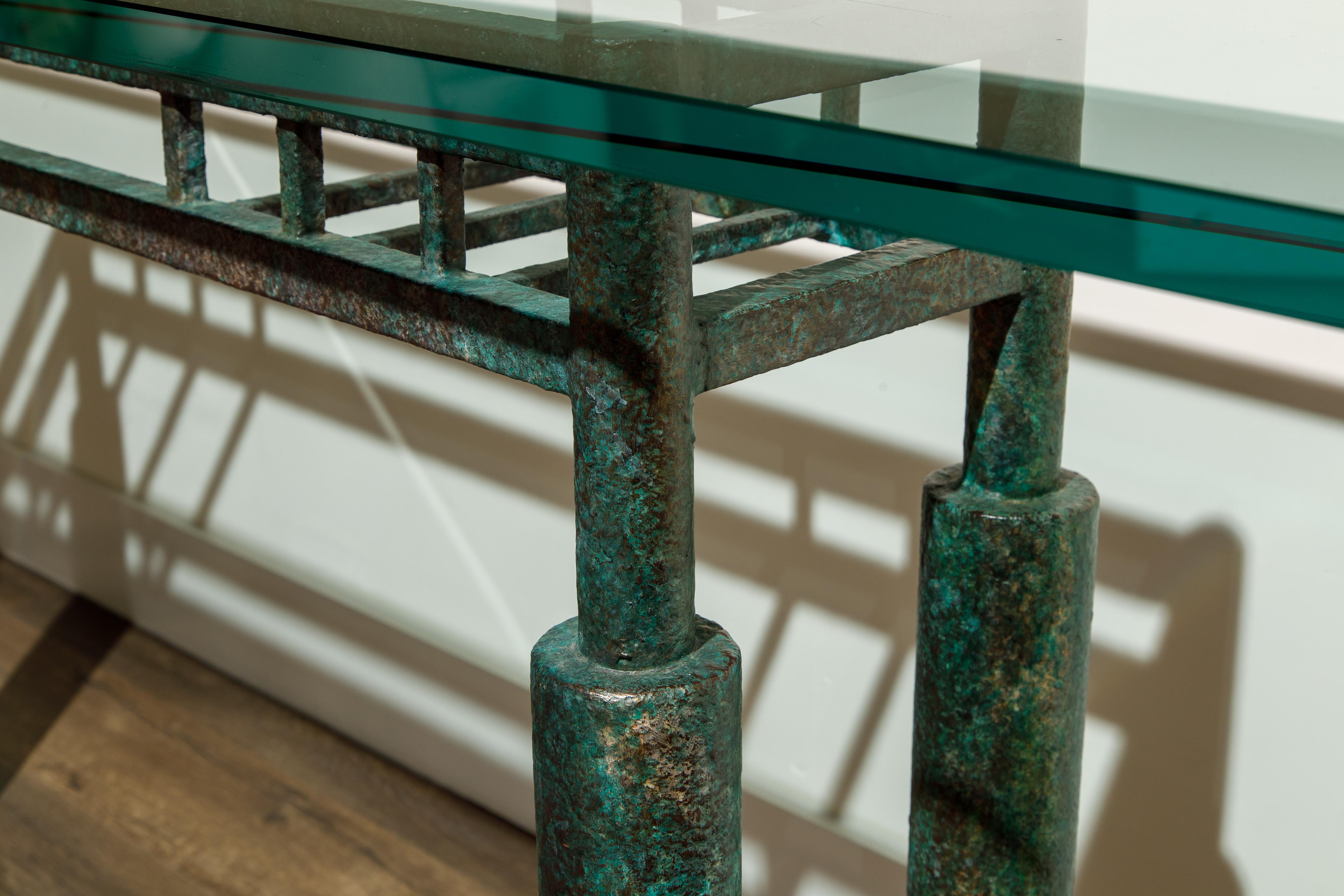 Steve Chase Post-Modern Brutalist Patinated Steel and Glass Console Table, 1980s 2