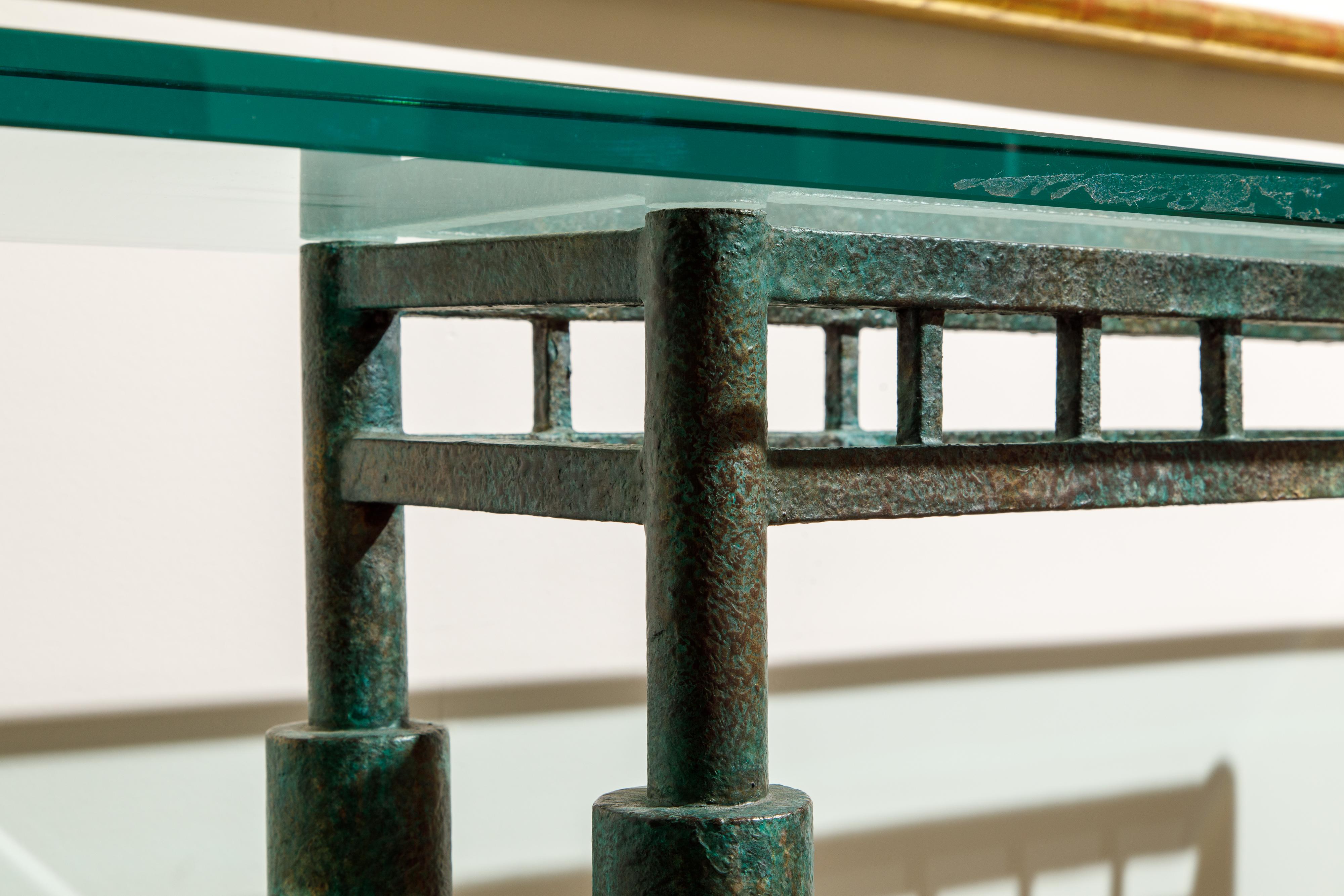 Steve Chase Post-Modern Brutalist Patinated Steel and Glass Console Table, 1980s 3