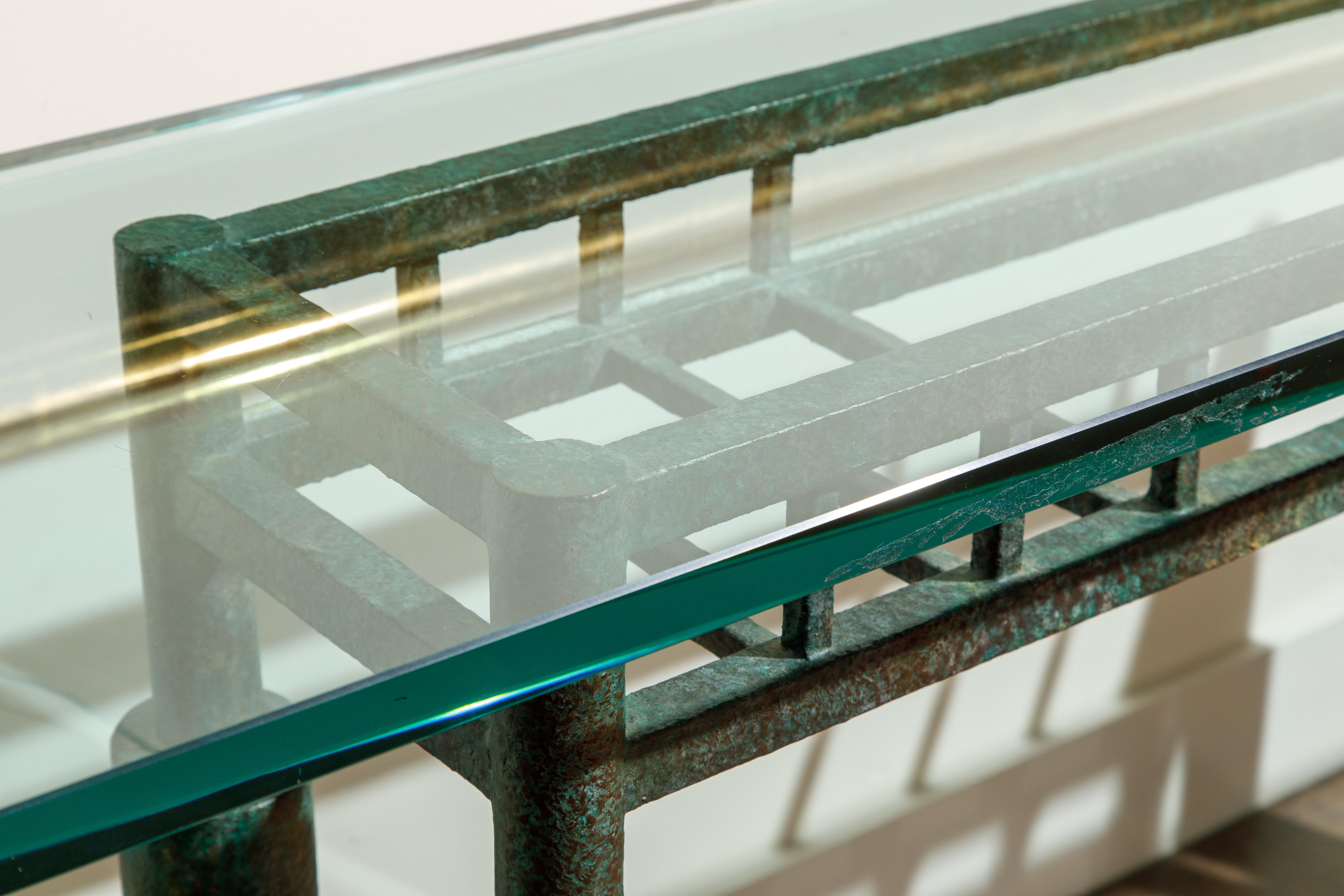 Steve Chase Post-Modern Brutalist Patinated Steel and Glass Console Table, 1980s 4