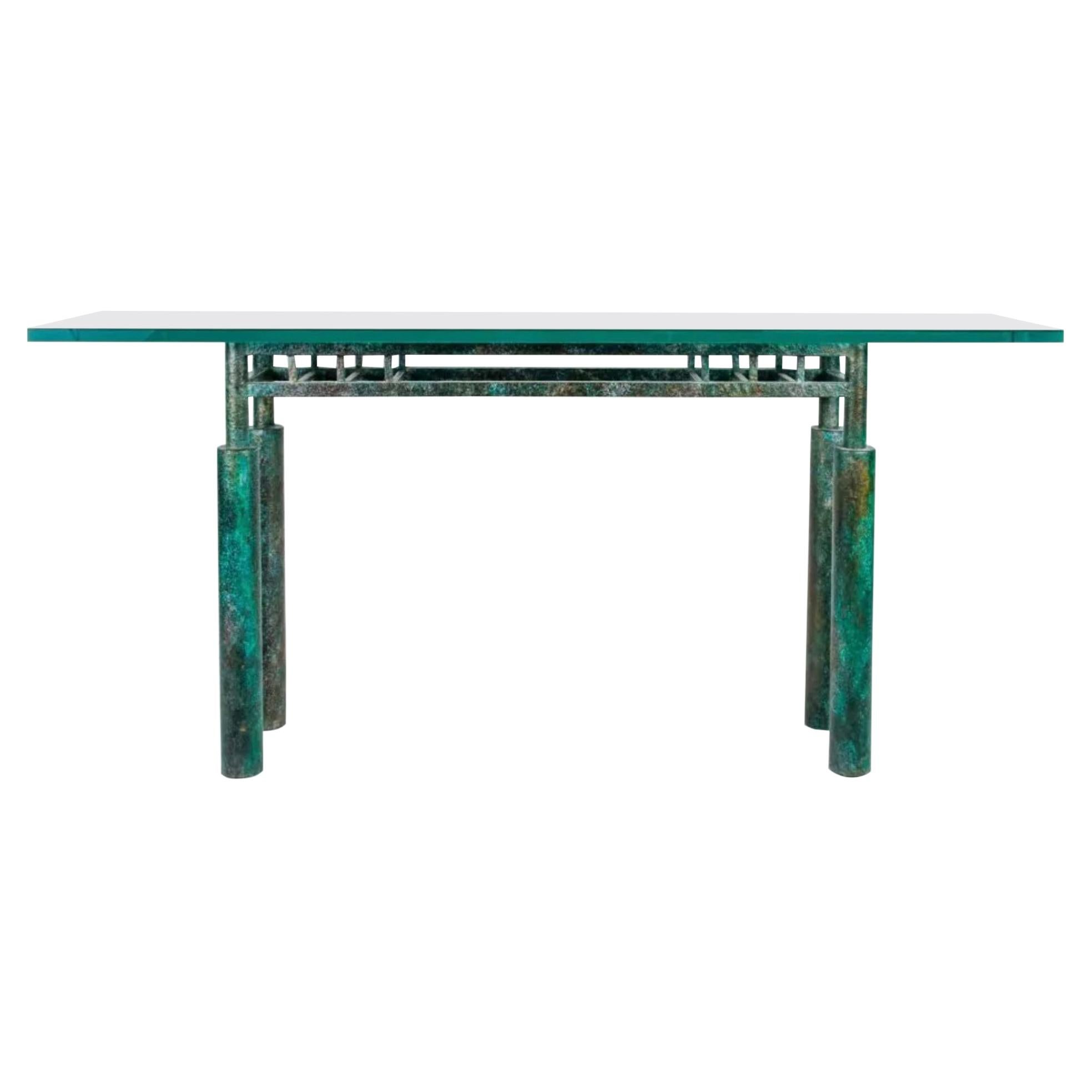 Steve Chase Post-Modern Brutalist Patinated Steel and Glass Console Table, 1980s