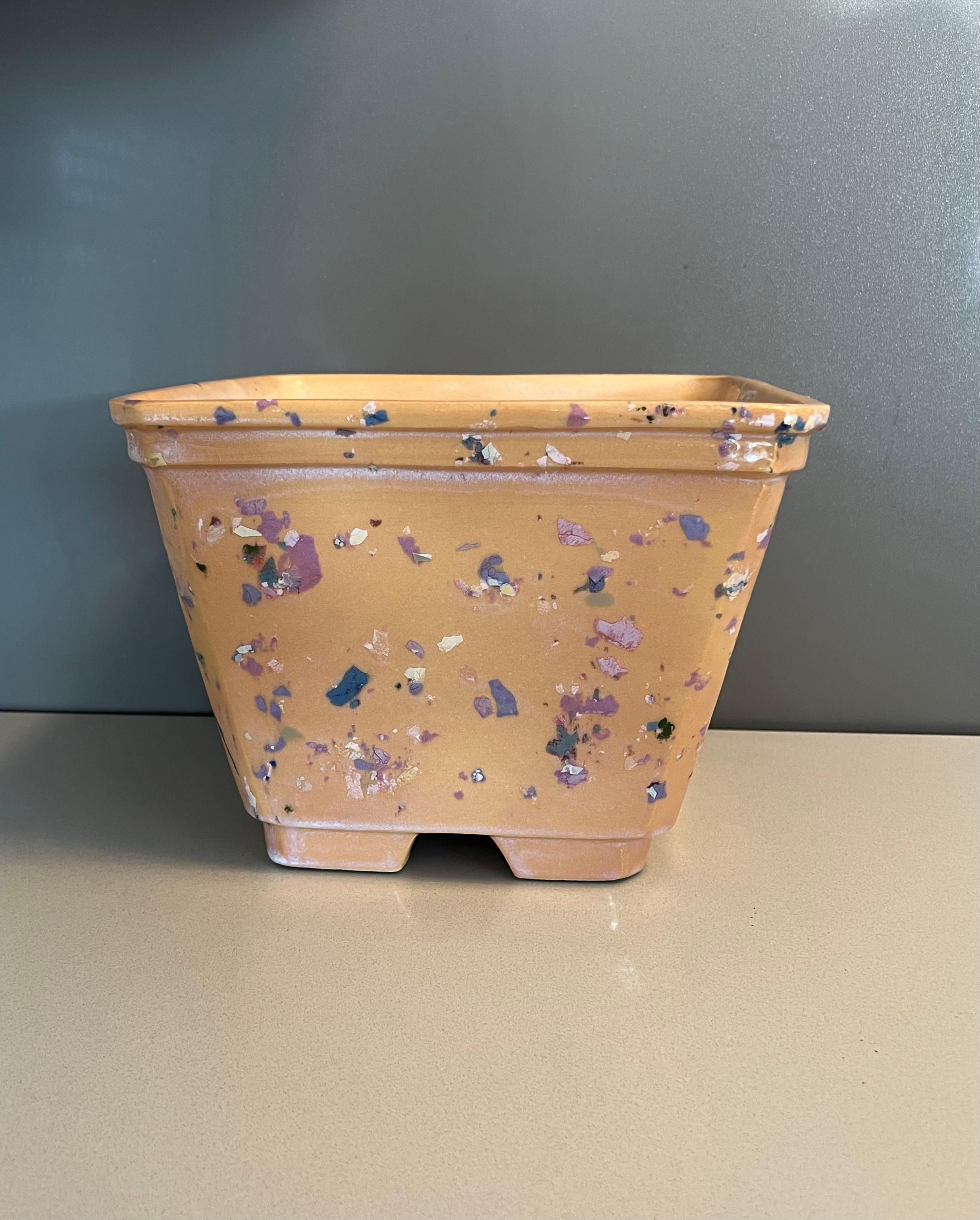1980’s Studio ceramic square speckled cachepot by Tony Evan’s for Steve Chase. 
In beautiful vintage condition, it retains the Steve Chase label and signed Evans. 

Measurements: 10” Wide, 20” Deep, 7.75” High. 