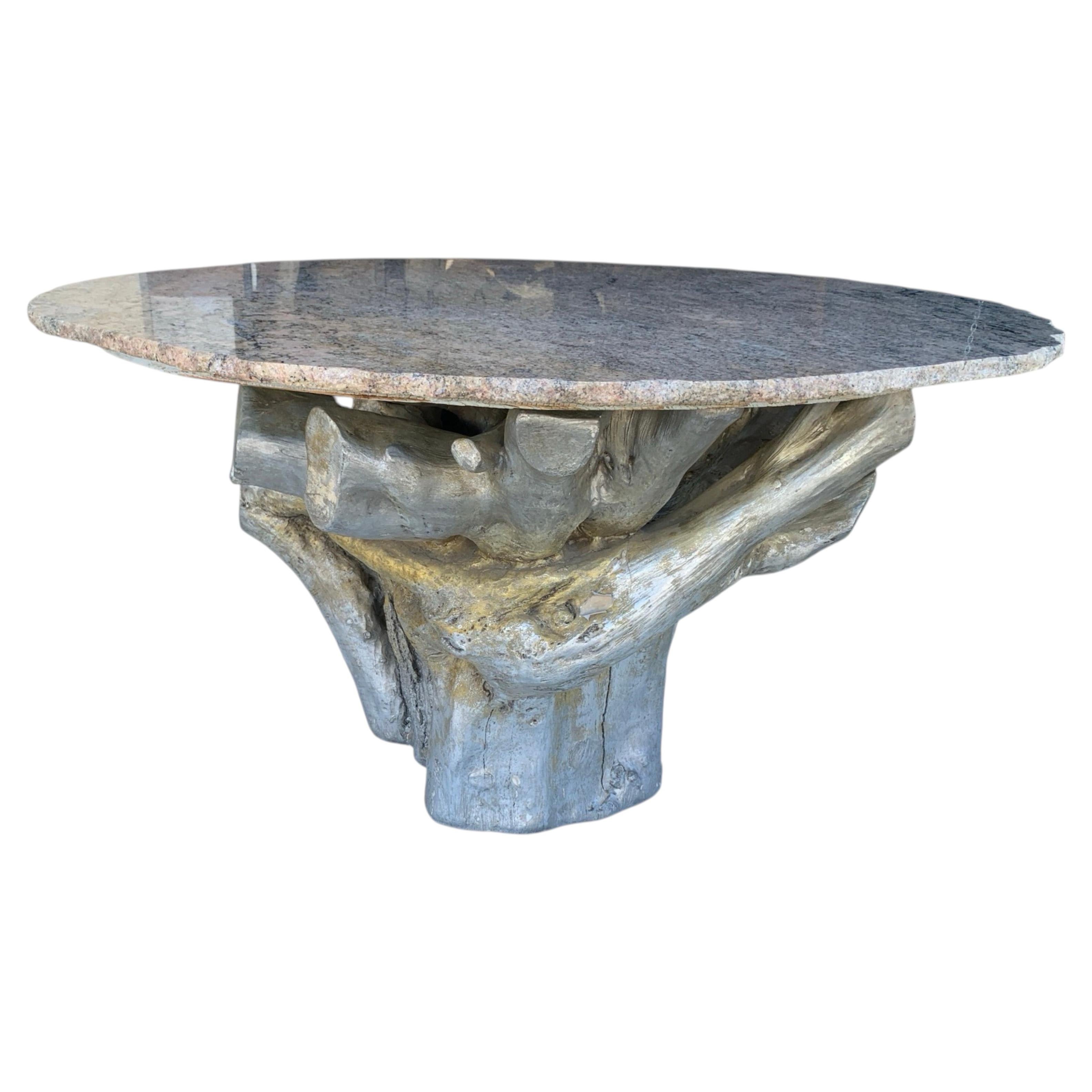 Steve Chase Vintage Modern  Chisel Granite & Wood Trunk  Metallic Dining Table For Sale