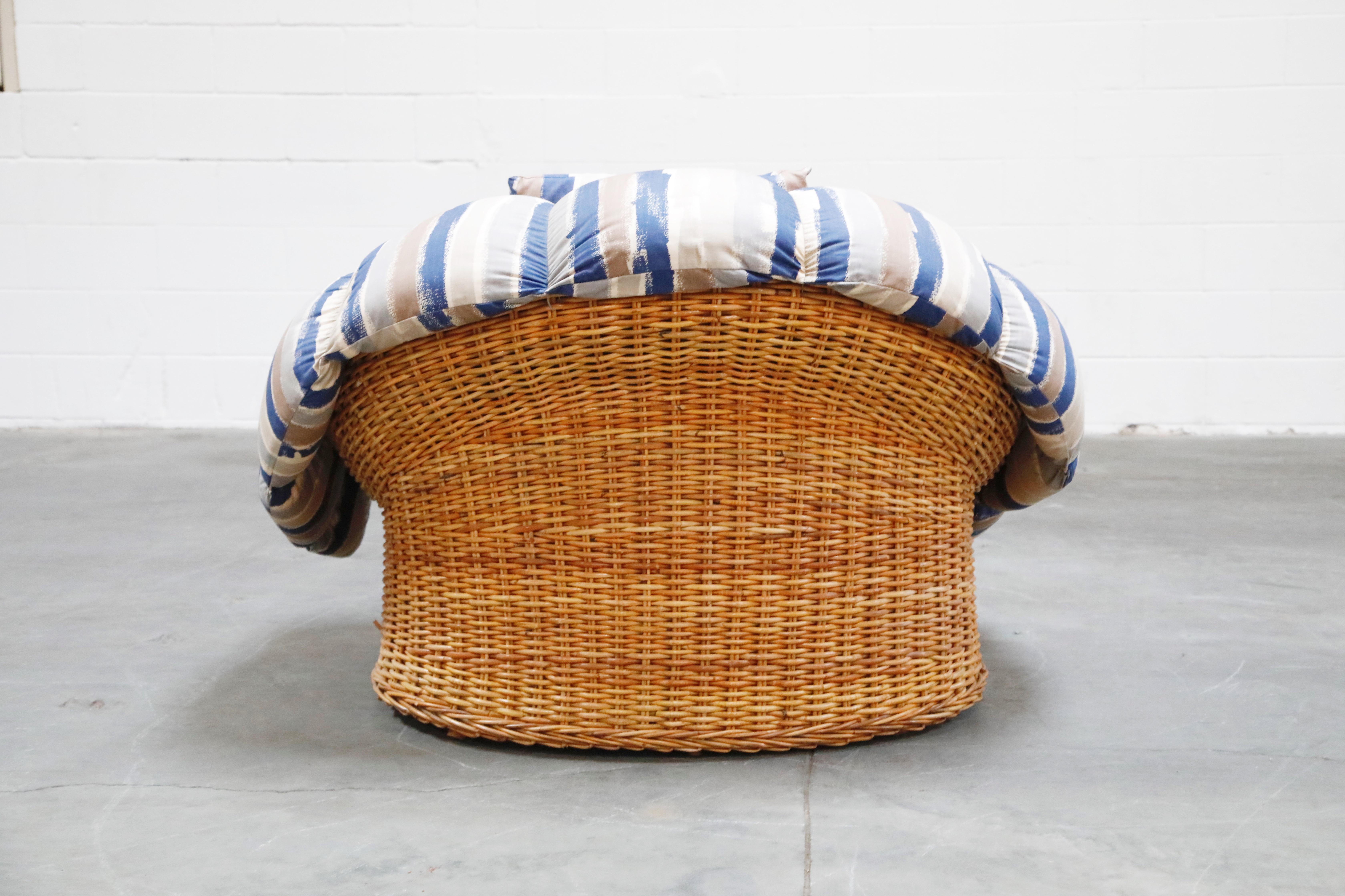 Steve Chase Wicker Rattan Cushioned Lounge Armchair and Ottoman, 1980s 2