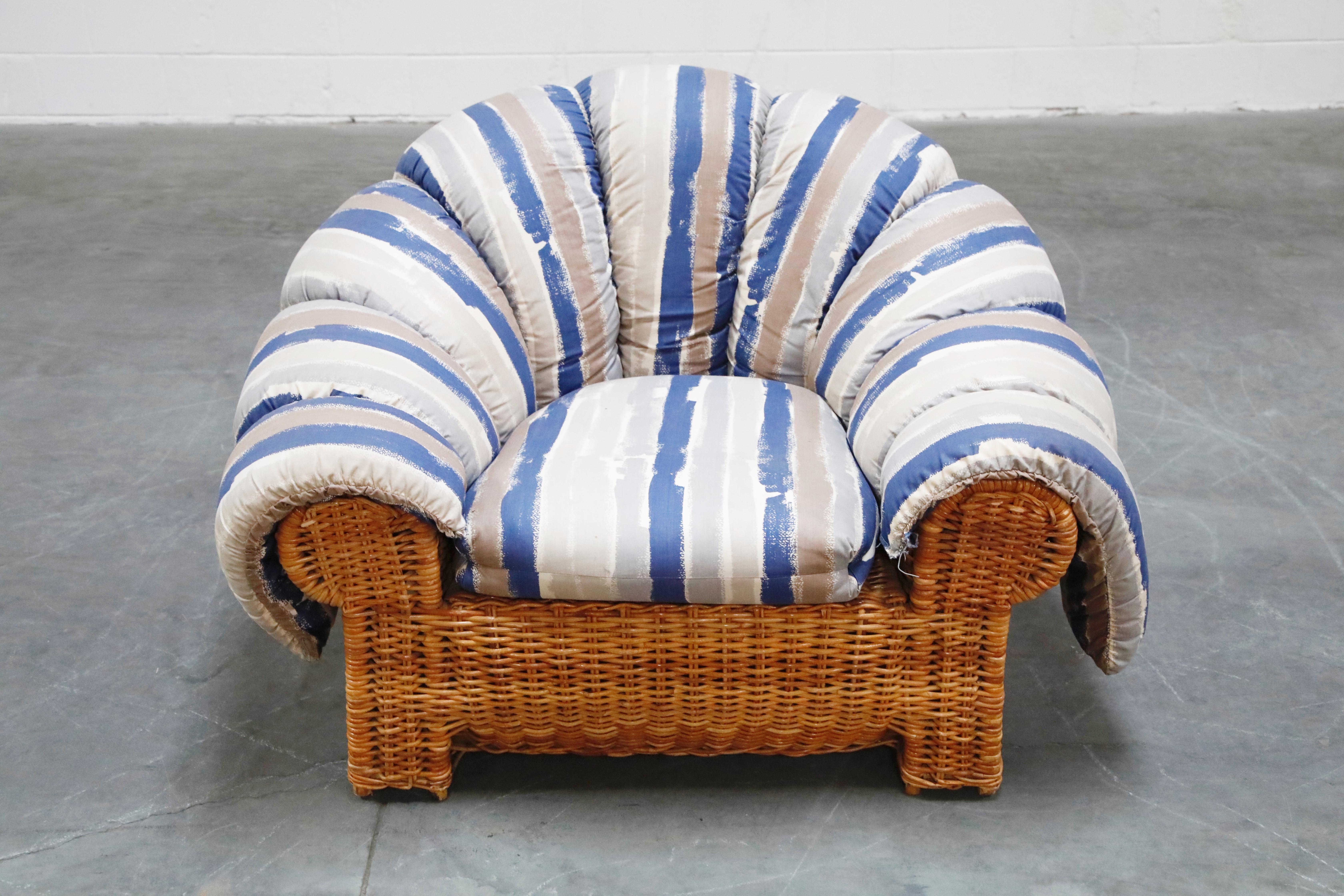 Steve Chase Wicker Rattan Cushioned Lounge Armchair and Ottoman, 1980s 4