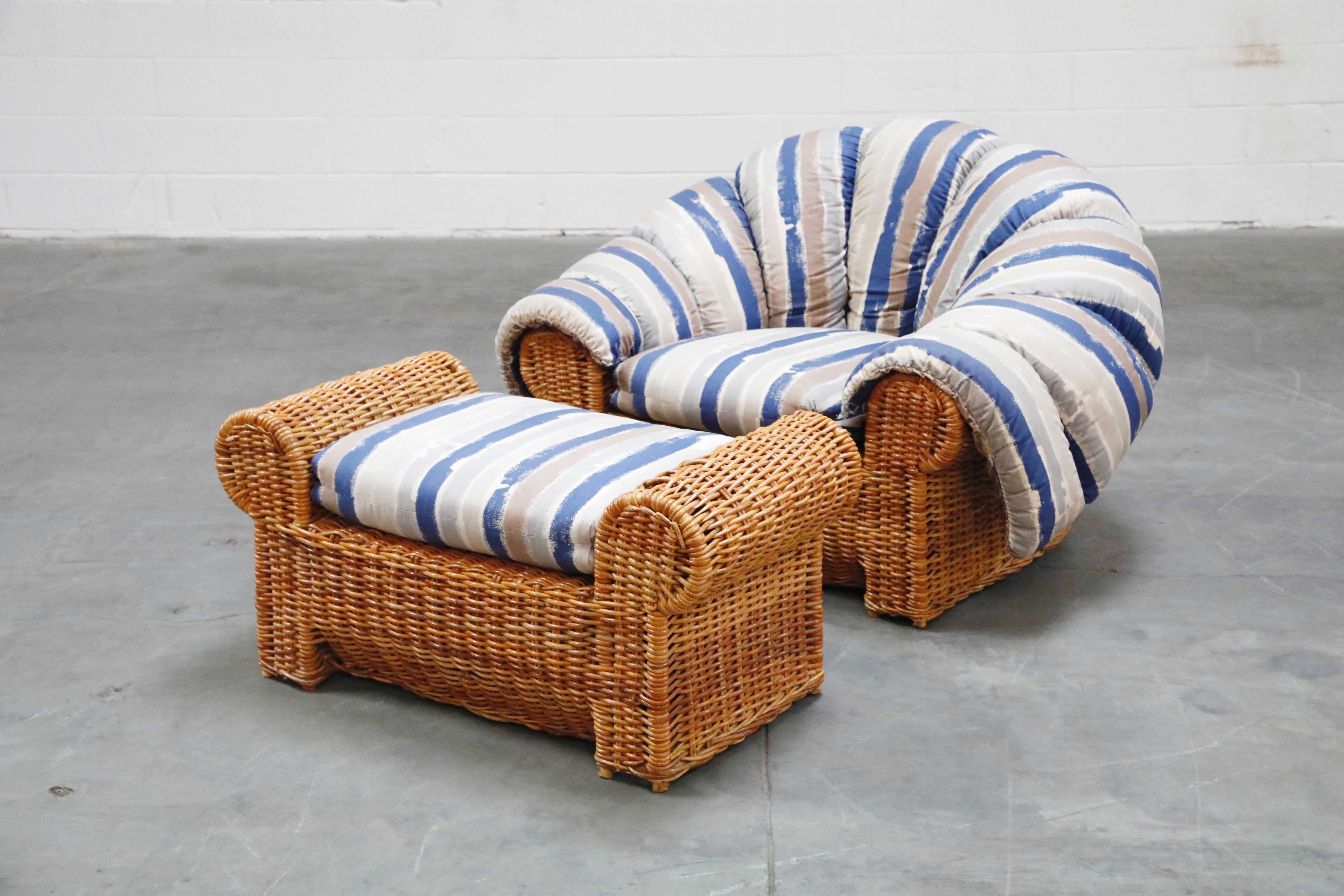 Modern Steve Chase Wicker Rattan Cushioned Lounge Armchair and Ottoman, 1980s