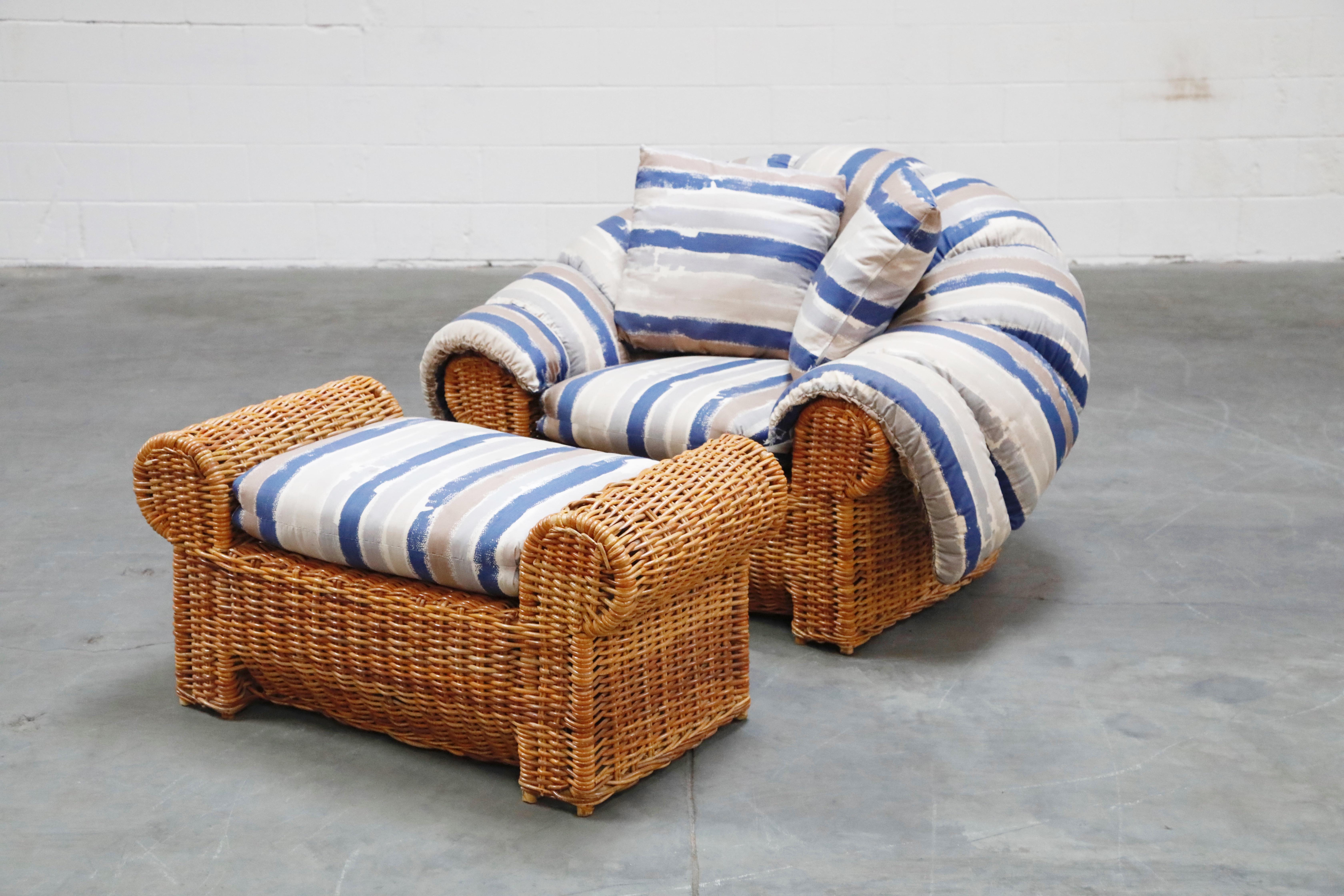Steve Chase Wicker Rattan Cushioned Lounge Armchair and Ottoman, 1980s In Good Condition In Los Angeles, CA