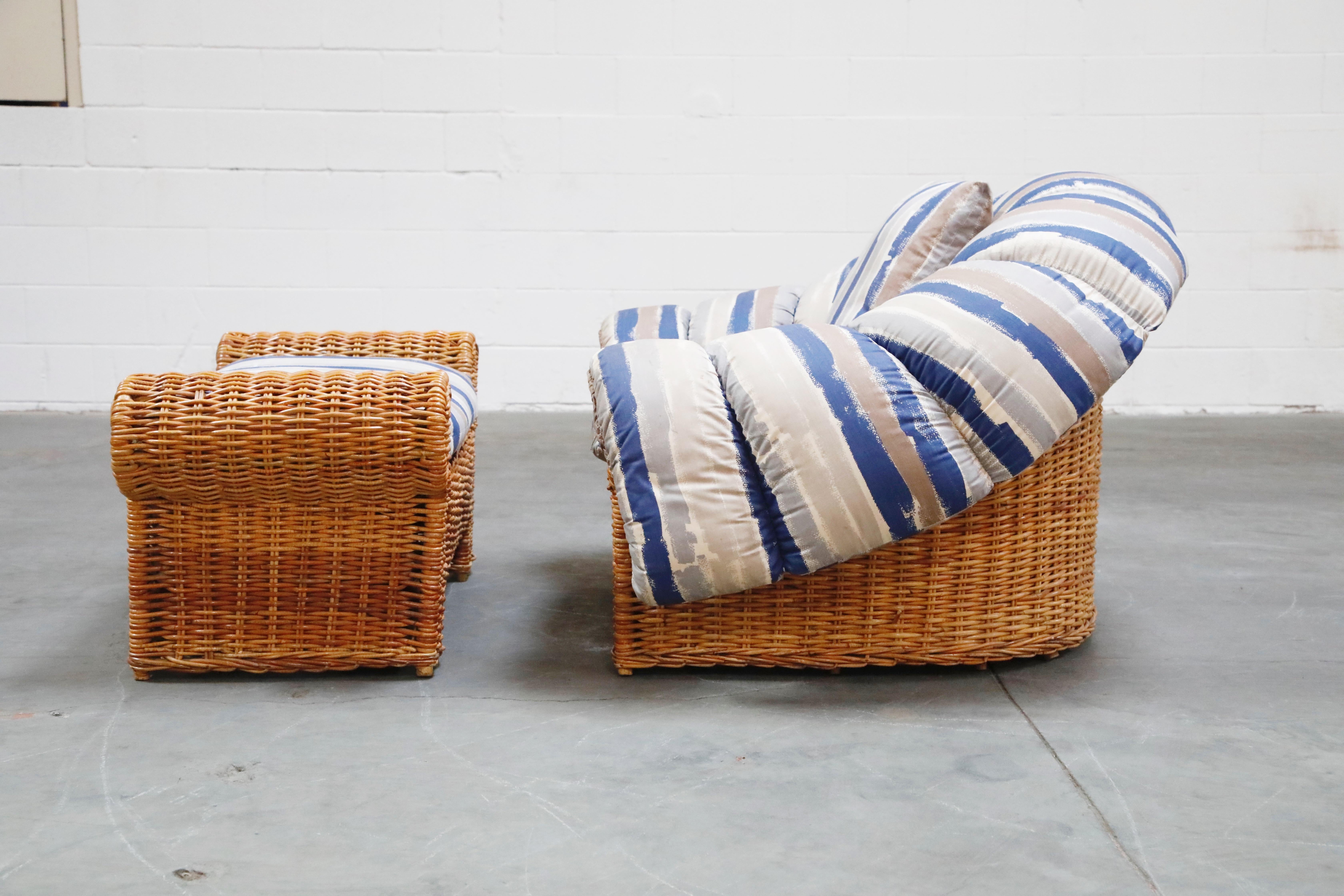 Late 20th Century Steve Chase Wicker Rattan Cushioned Lounge Armchair and Ottoman, 1980s