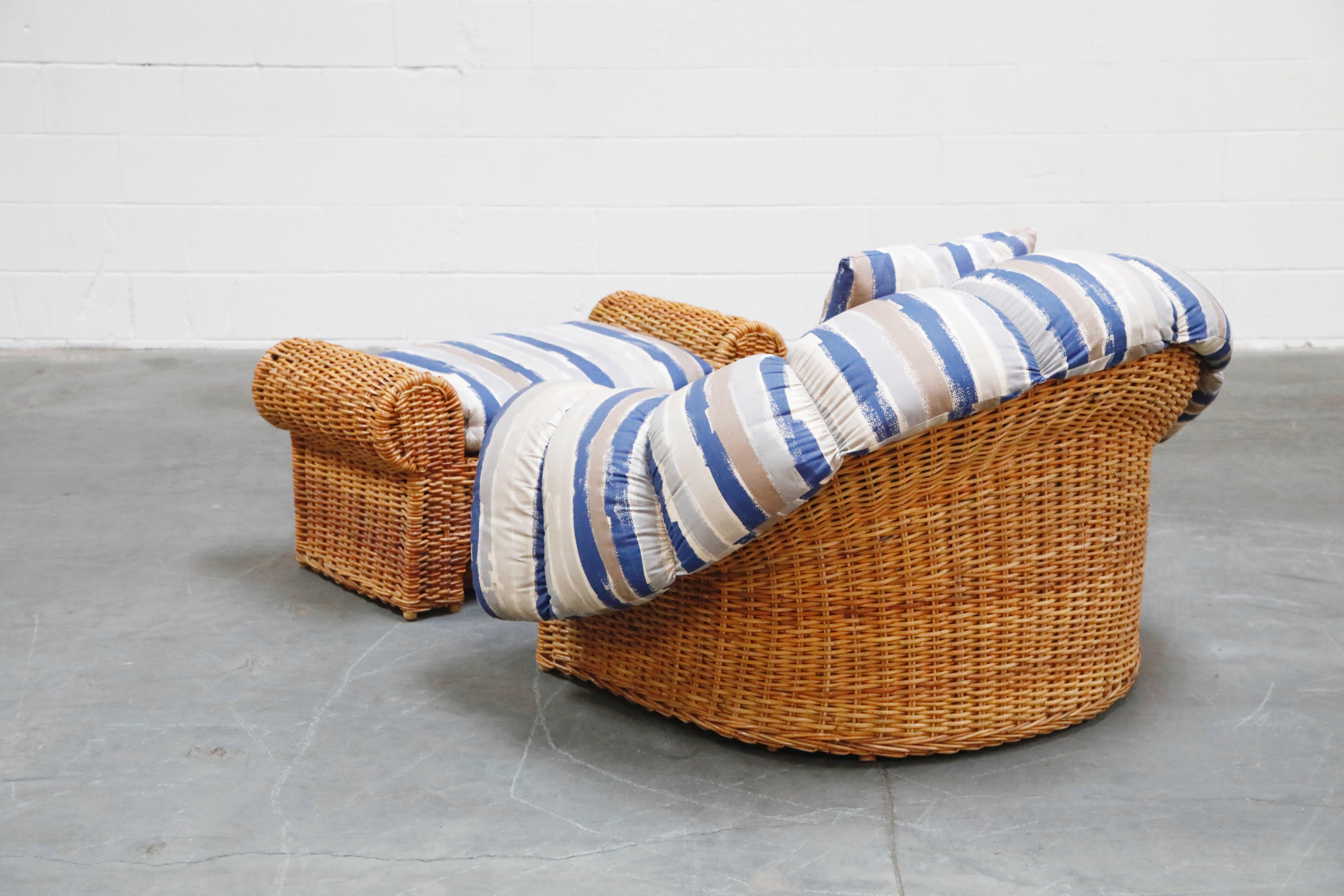 Steve Chase Wicker Rattan Cushioned Lounge Armchair and Ottoman, 1980s 1