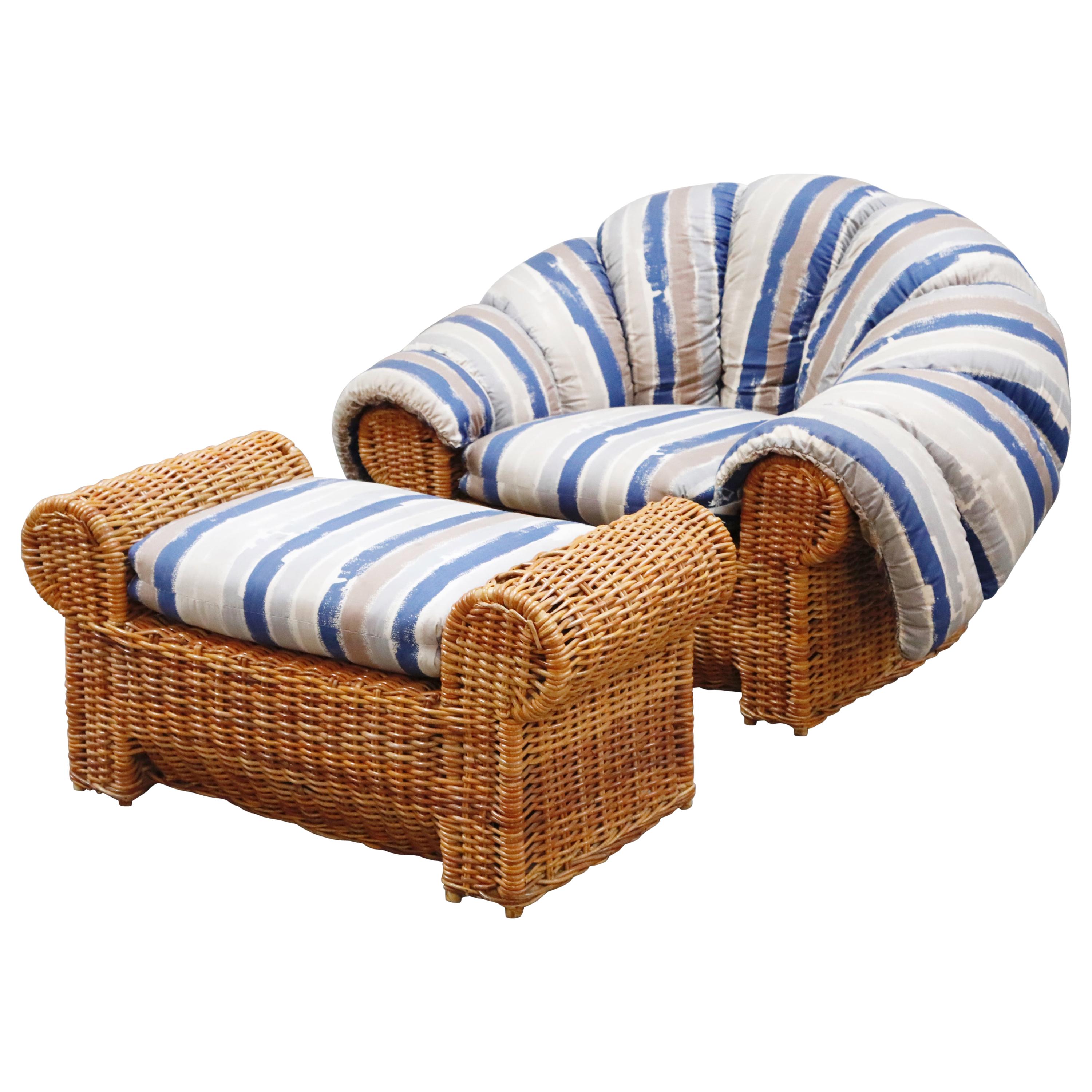 Steve Chase Wicker Rattan Cushioned Lounge Armchair and Ottoman, 1980s