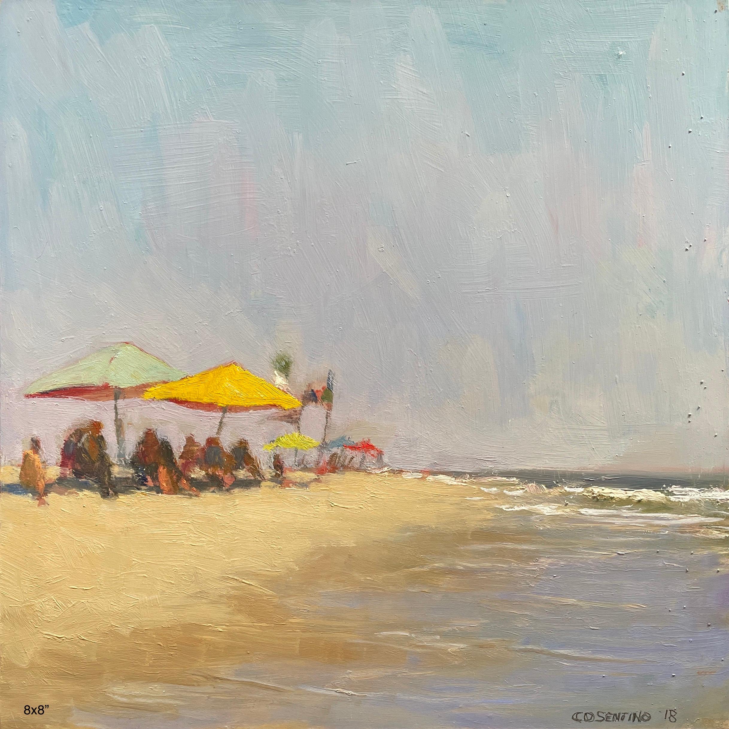 Steve Cohen Landscape Painting - Beach Series (Green and Yellow Umbrella)