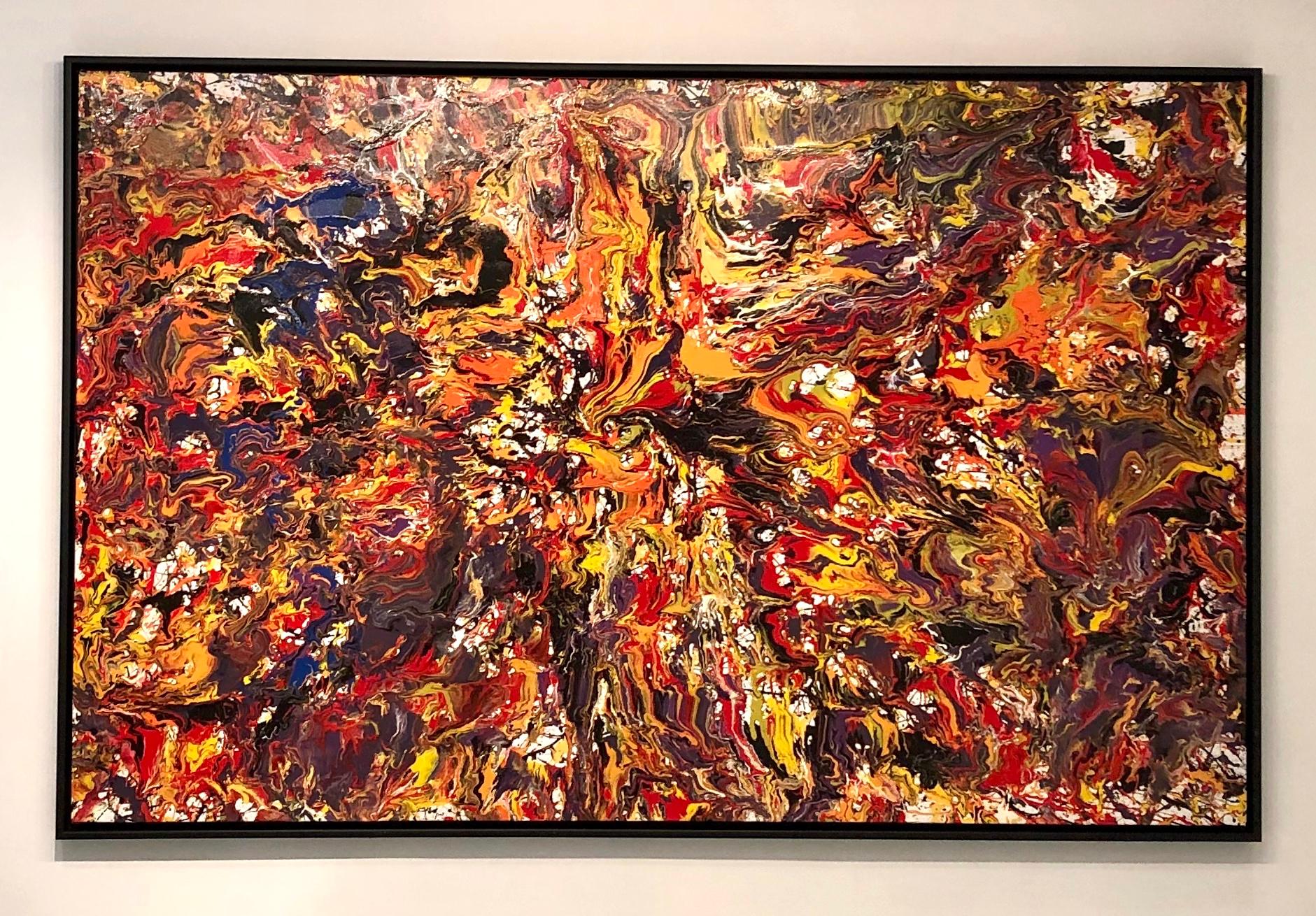 Steve Cohen Abstract Painting - Origin 1:  Inception  (Fire and Creation Captured)  (Floats in Black Frame)  