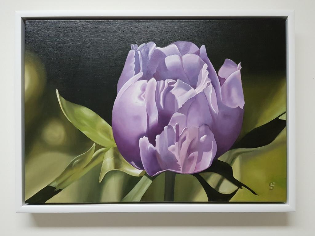 In Spite of it All - Mauve Peony Flower (Framed): Oil on Canvas - Painting by Steve Foster