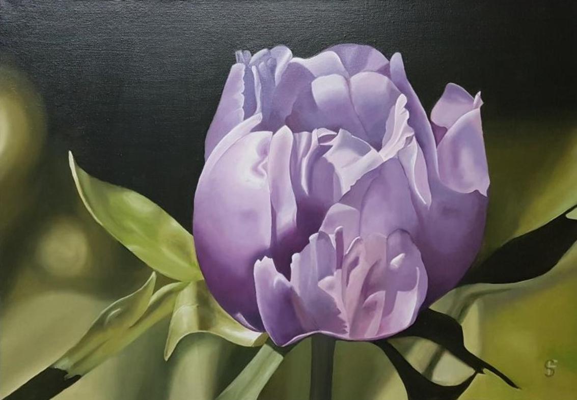 Steve Foster Landscape Painting - In Spite of it All - Mauve Peony Flower (Framed): Oil on Canvas