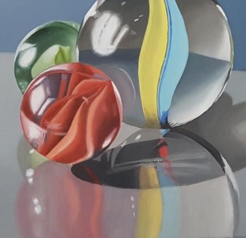 Nostalgia - Still Life (Colourful Glass Marbles): Oil on Canvas - Painting by Steve Foster