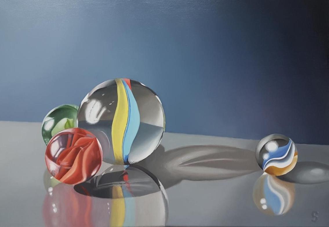 Steve Foster Still-Life Painting - Nostalgia - Still Life (Colourful Glass Marbles): Oil on Canvas