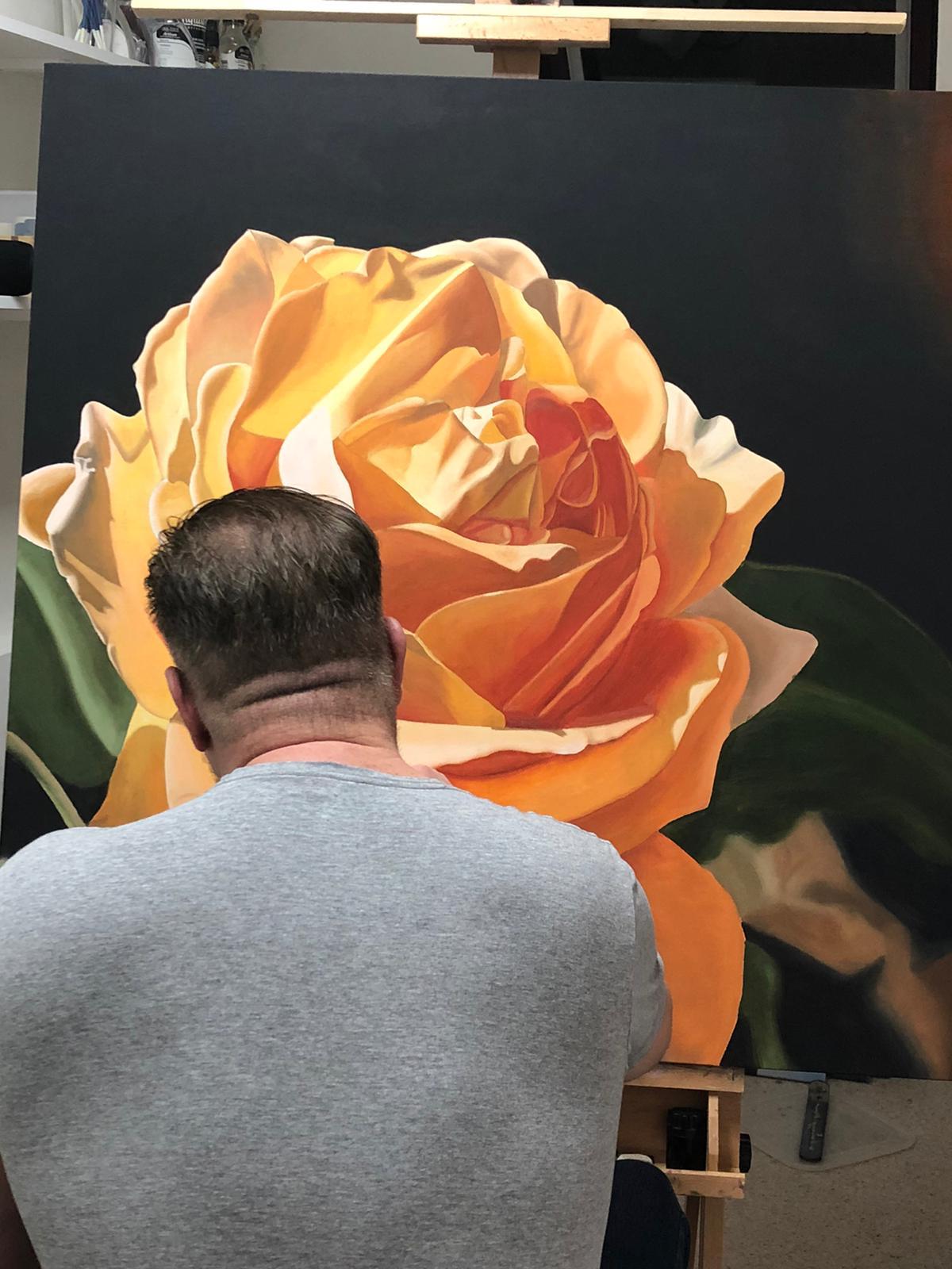 Orange Sorbet - contemporary hyperrealistic flower orange rose oil painting For Sale 8