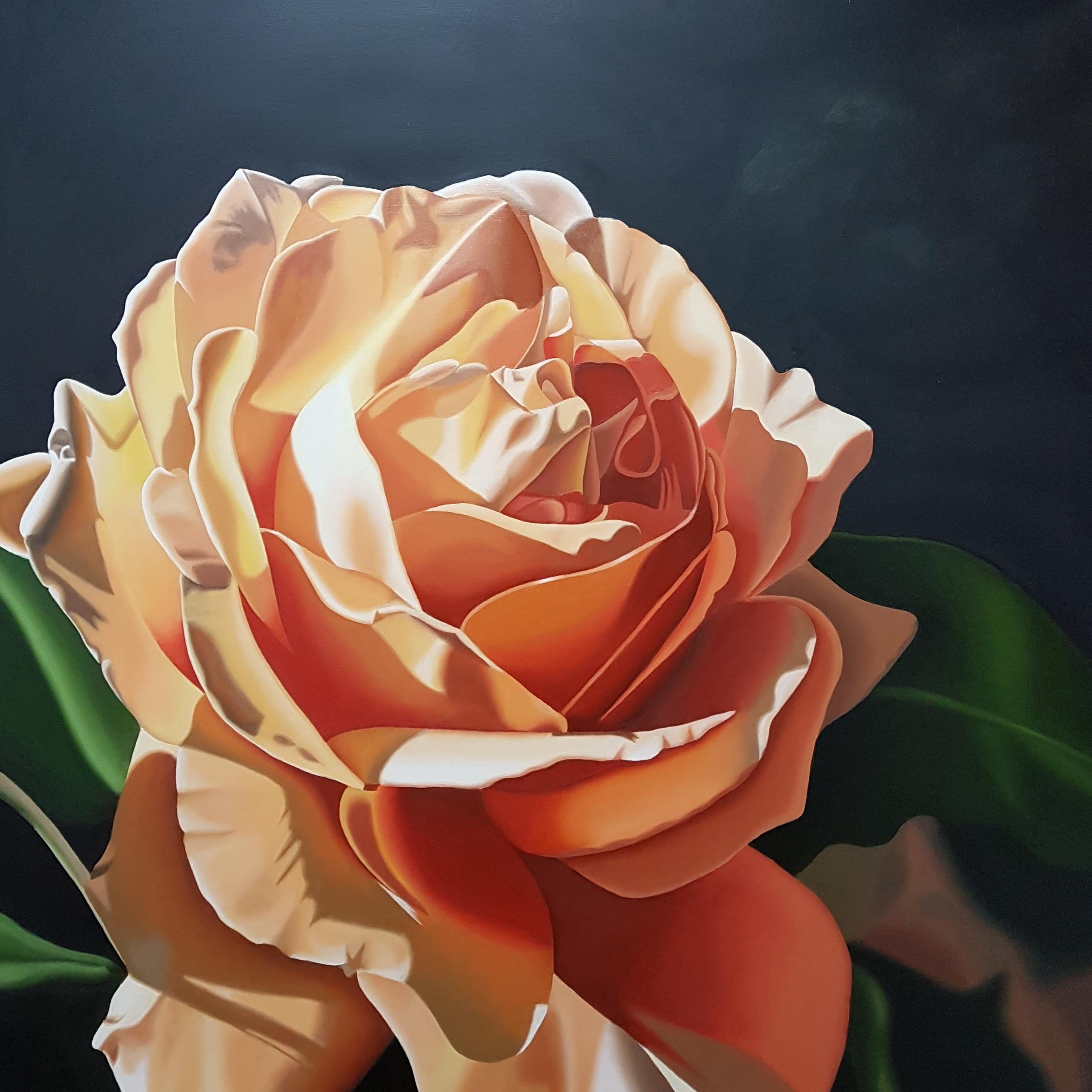Orange Sorbet - contemporary hyperrealistic flower orange rose oil painting For Sale 9