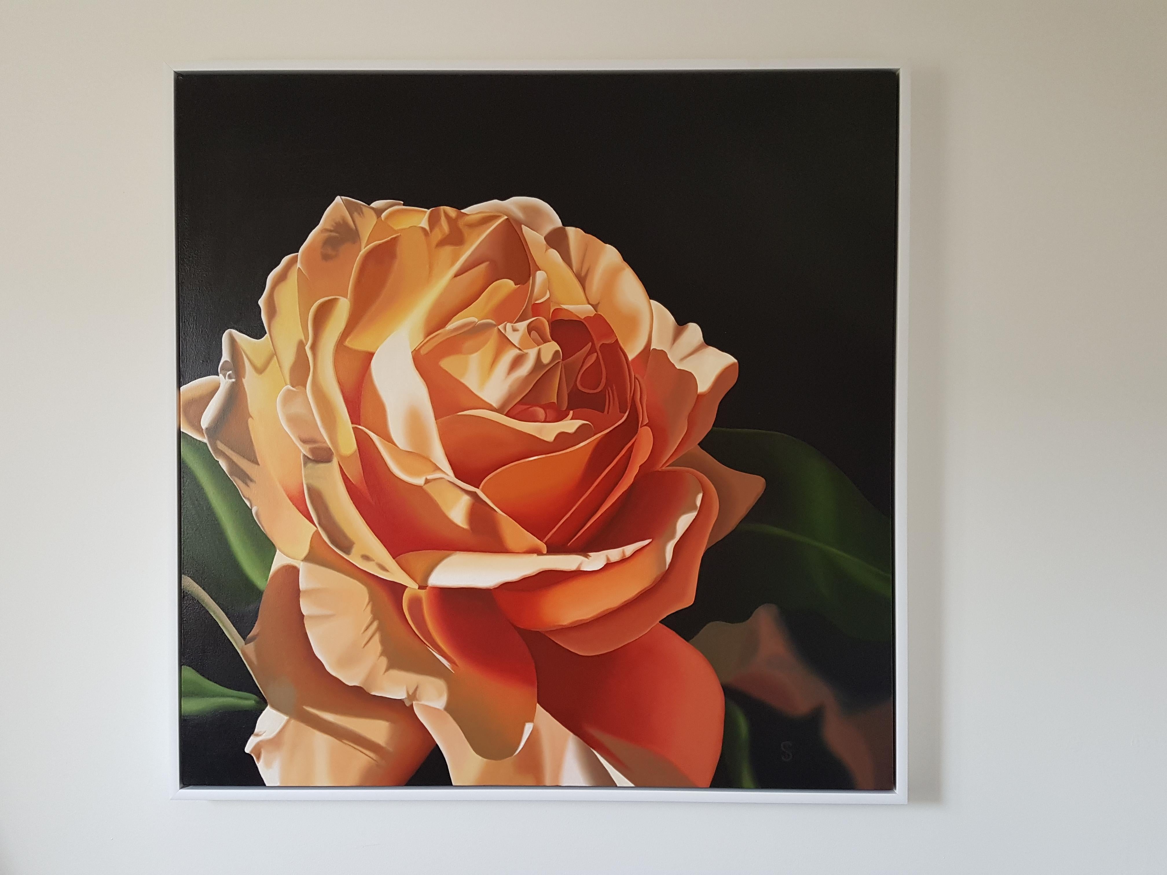 Orange Sorbet - contemporary hyperrealistic flower orange rose oil painting For Sale 2