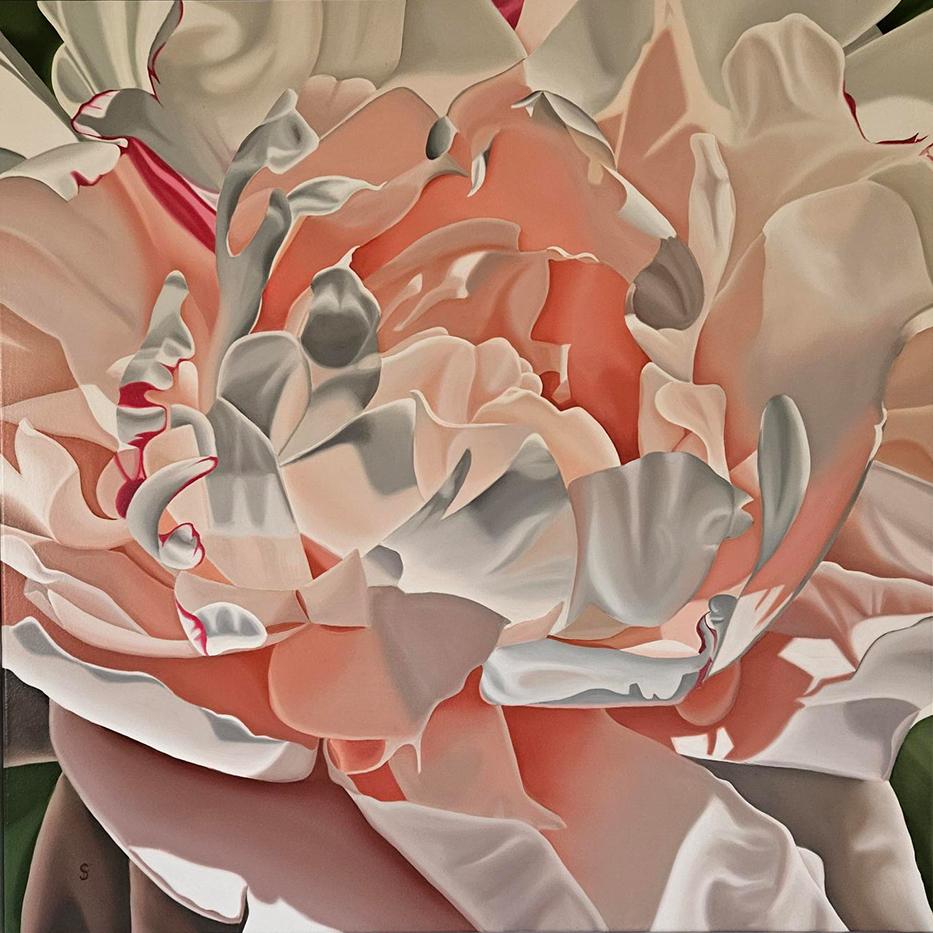 Peach Melba- peinture à l'huile contemporaine hyperréaliste de fleurs roses