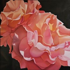 Rhubarbe et crème anglaise - peinture à l'huile contemporaine hyperréaliste de fleurs et de roses