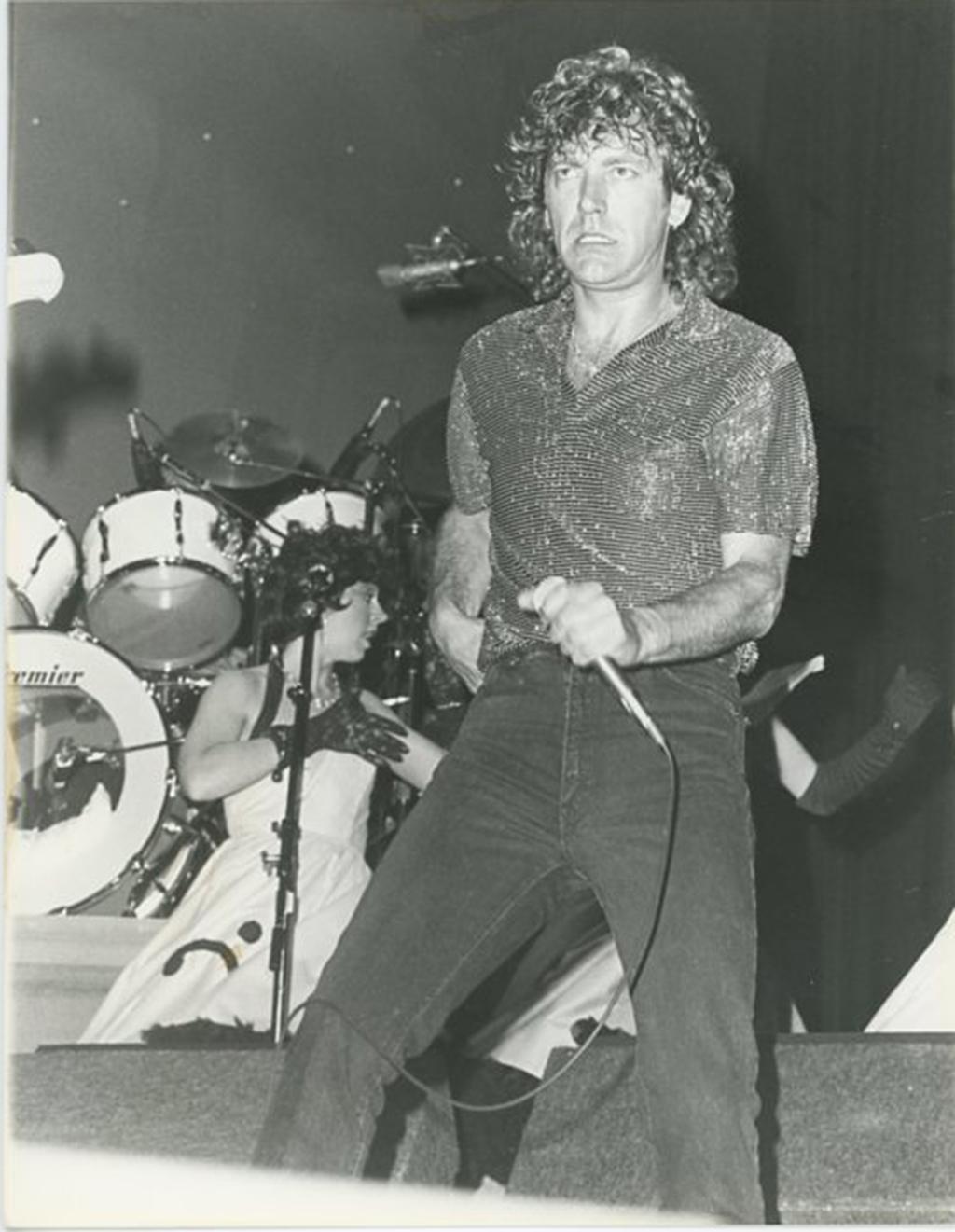 Steve Granitz Black and White Photograph - Robert Plant Performing at the Los Angeles Forum 1985 Press Print