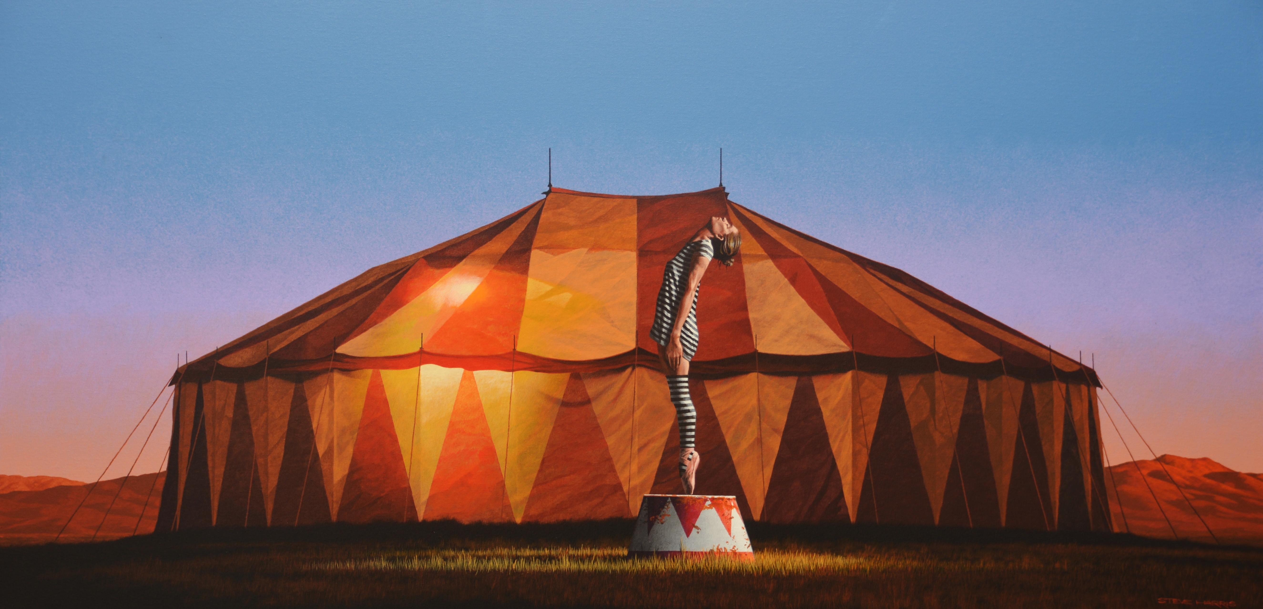 Steve Harris Figurative Painting - Travelling Ballet Show - Circus Tent at Dusk with Acrobat, Figurative, Dancer
