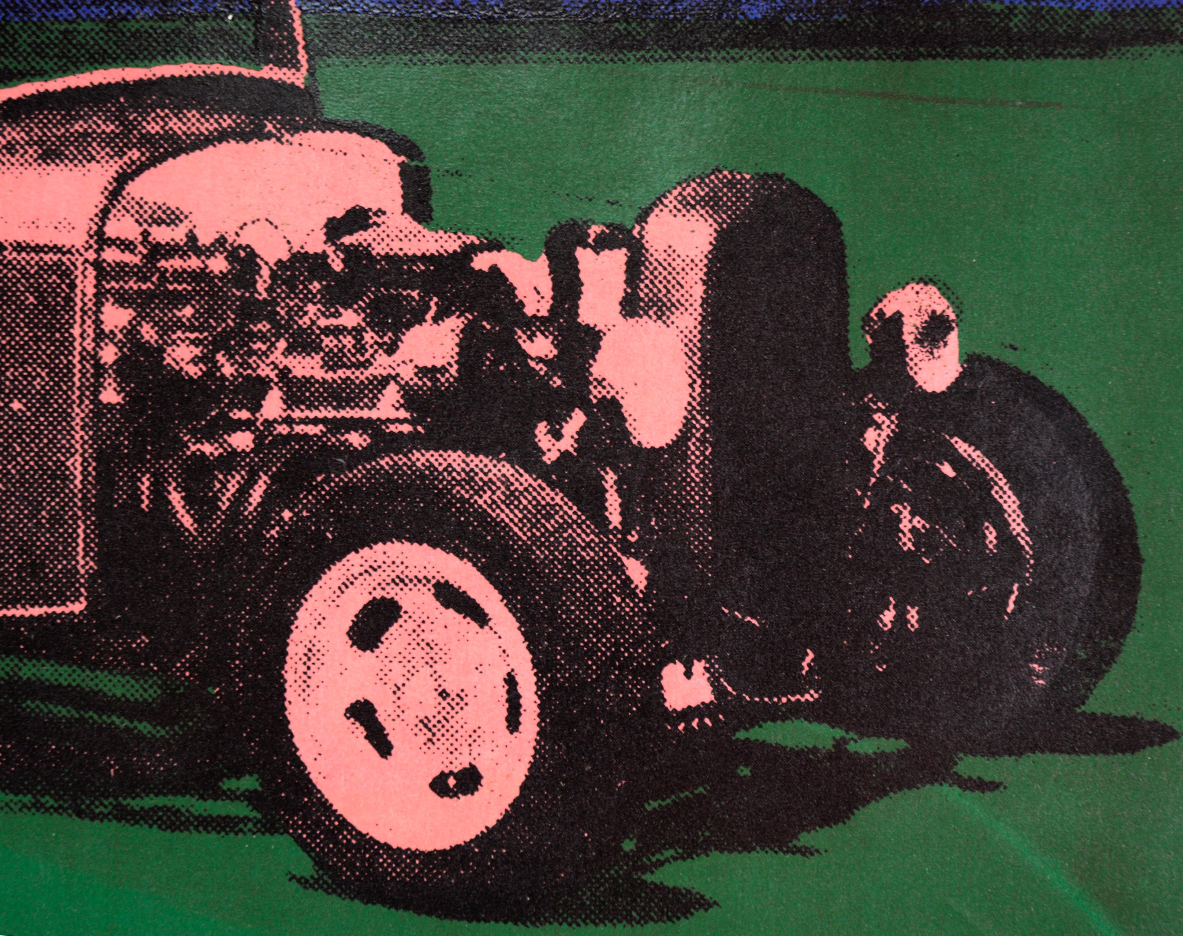 Hochgradig gesättigter mehrschichtiger Siebdruck von Steve J. Pon (20. Jahrhundert). Ein Roadster aus den 1930er Jahren ist auf einer Wiese vor einer Baumkulisse geparkt. Das Auto ist in Rosa mit schwarzen Halbton-Punkten gehalten. Das Gras und der