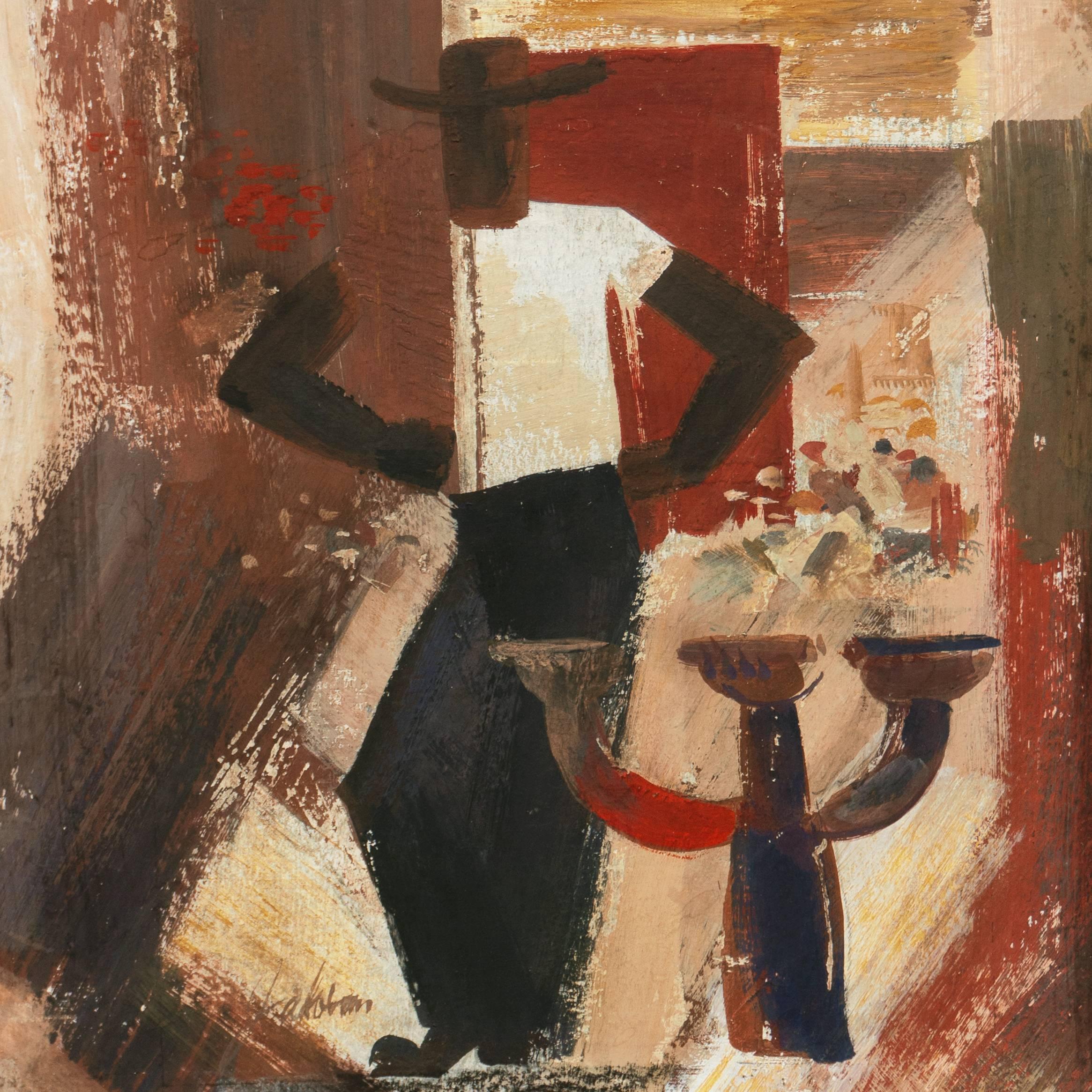 'Cubist Figural', American Modernist Gouache - Brown Figurative Painting by Jakobsen