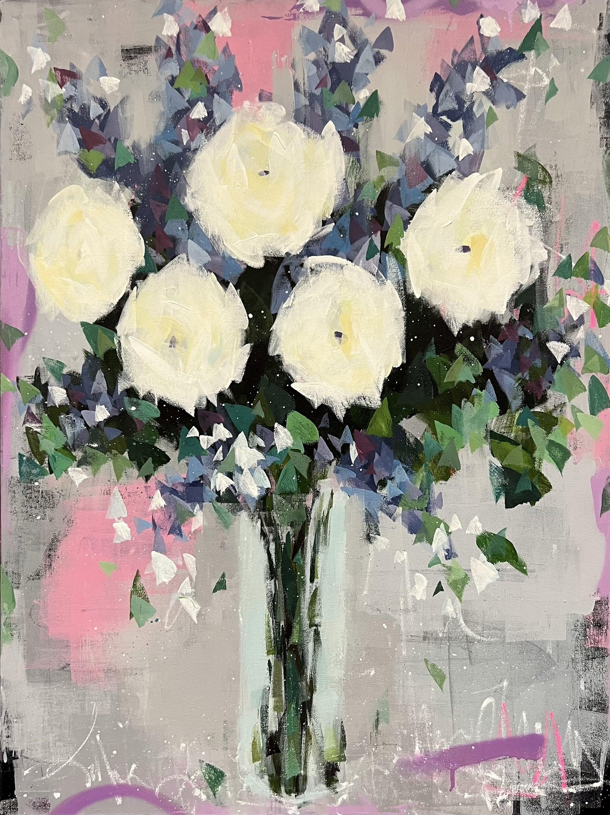 Steve Javiel Still-Life Painting - Constant Battle - Impressionist Big White Floral Painting