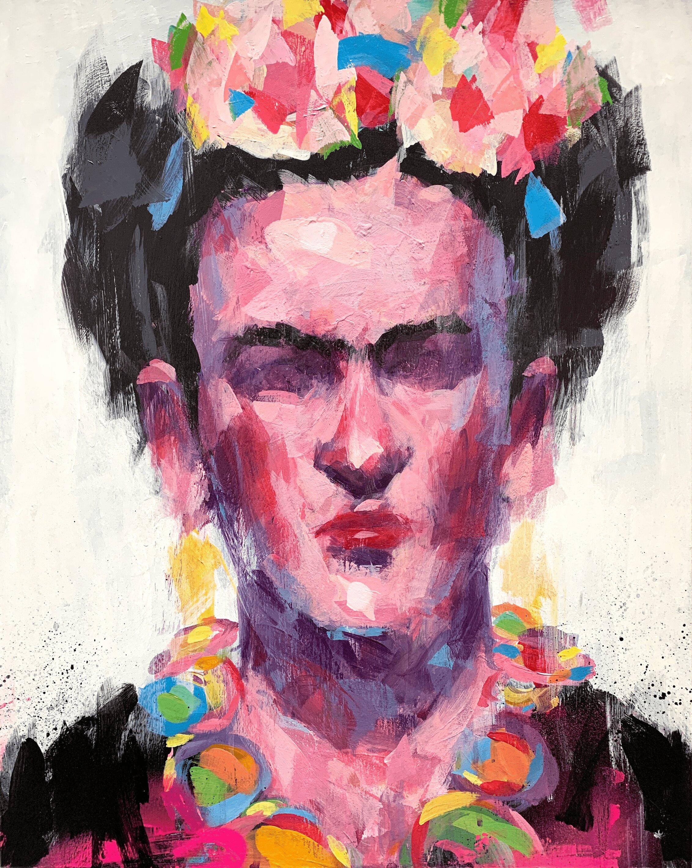 'Fierce No.02' is an impressionist portrait painting of Frida Kahlo by urban impressionist painter Steve Javiel. The piece incorporates a blend of acrylic paints, oil pastels, and spray paints on a wood panel. It measures 20 x 16 x 1.5 inches and is
